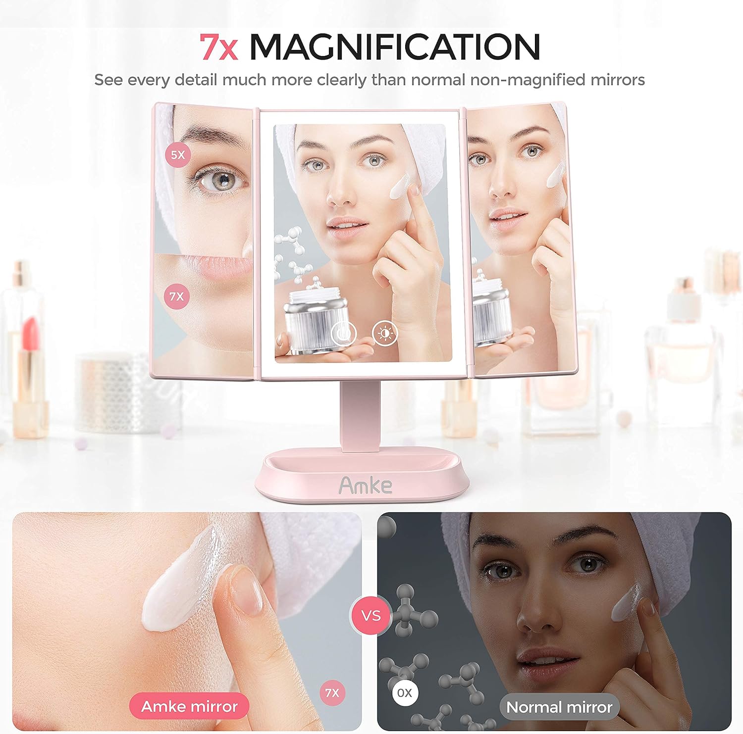 Makeup Mirror with Lights, AMKE 80 LED Vanity Mirror Light, Lighted Up Mirror Dimmable, 1X 5X 7X Magnification, 3 Color Lighting Modes, Portable High Definition Beauty Cosmetic Trifold Mirror: Office Products
