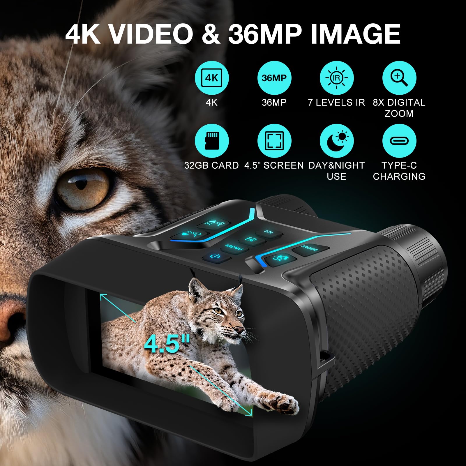 Visore Notturno 4K 36MP Binocolo Visione Notturna Zoom Digitale 8X e Scheda 32GB per Foto e Video, Display HD da 4.5" 7-Livelli Infrarossi Visore Notturno Binocolo Vista 400M per Campeggio