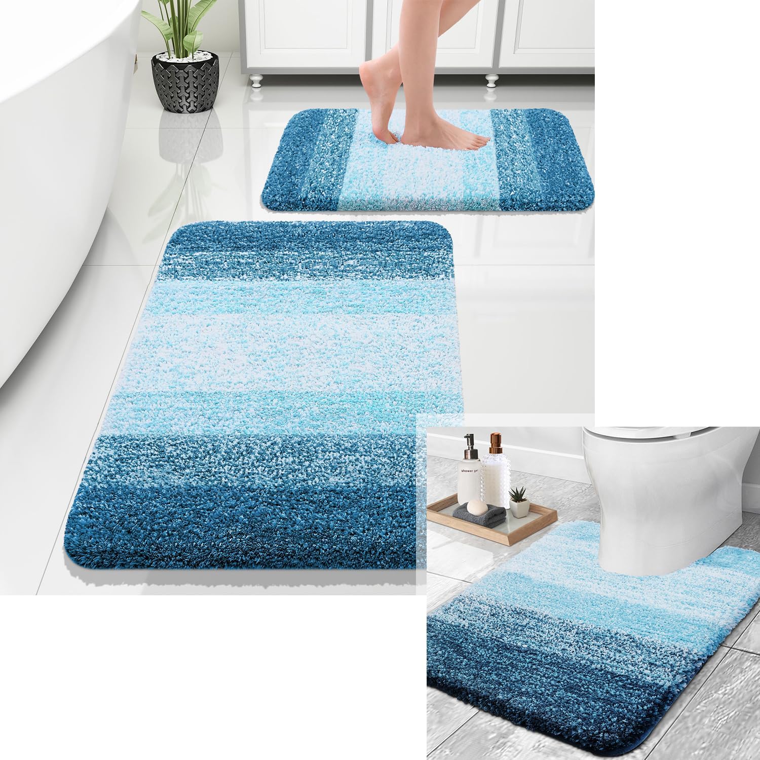 OLANLY Ombre Bath Rug and Toilet Rugs U-Shaped, Bath Rug Size 24x20 and Bathroom Rug Set Size 30x20+24x16 in Peacock Blue, 3 Item Bundle