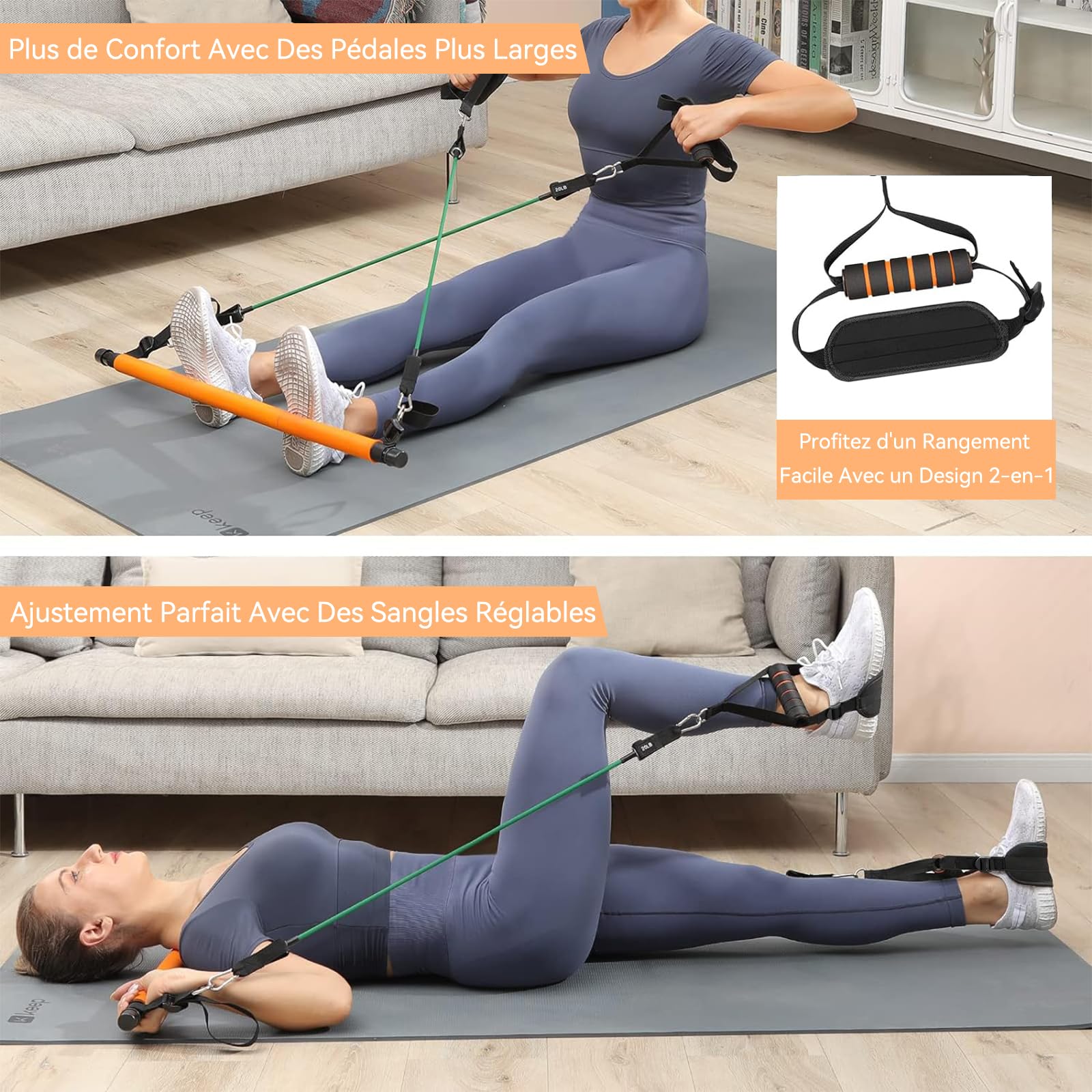 Hommie Elastique Musculation Barre de Pilates avec 6 Bandes Elastiques 20-220LBS Longueur Réglable & Ancrage de Porte pour Femme Homme 150-180CM Elastique Sport Fitness Yoga Étirement Squat