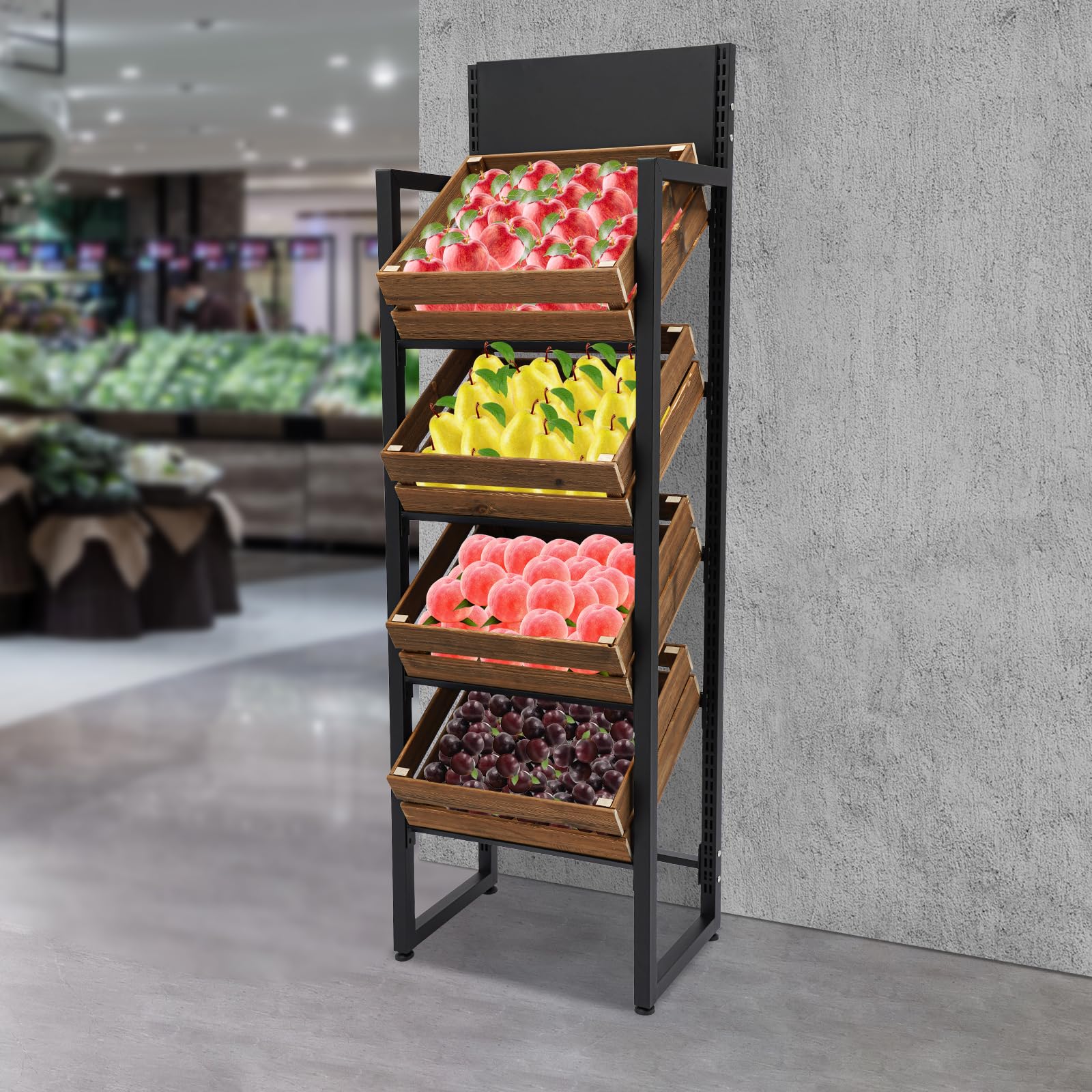 Eleeferri 4 Tier Retail Display Rack, 4 layer Wooden Fruit and Vegetable Storage Rack, Snack Candy Basket Display Stand, Wine Storage Shelf Organizer for Retail, Trade Show, Arts Craft Fair, Home