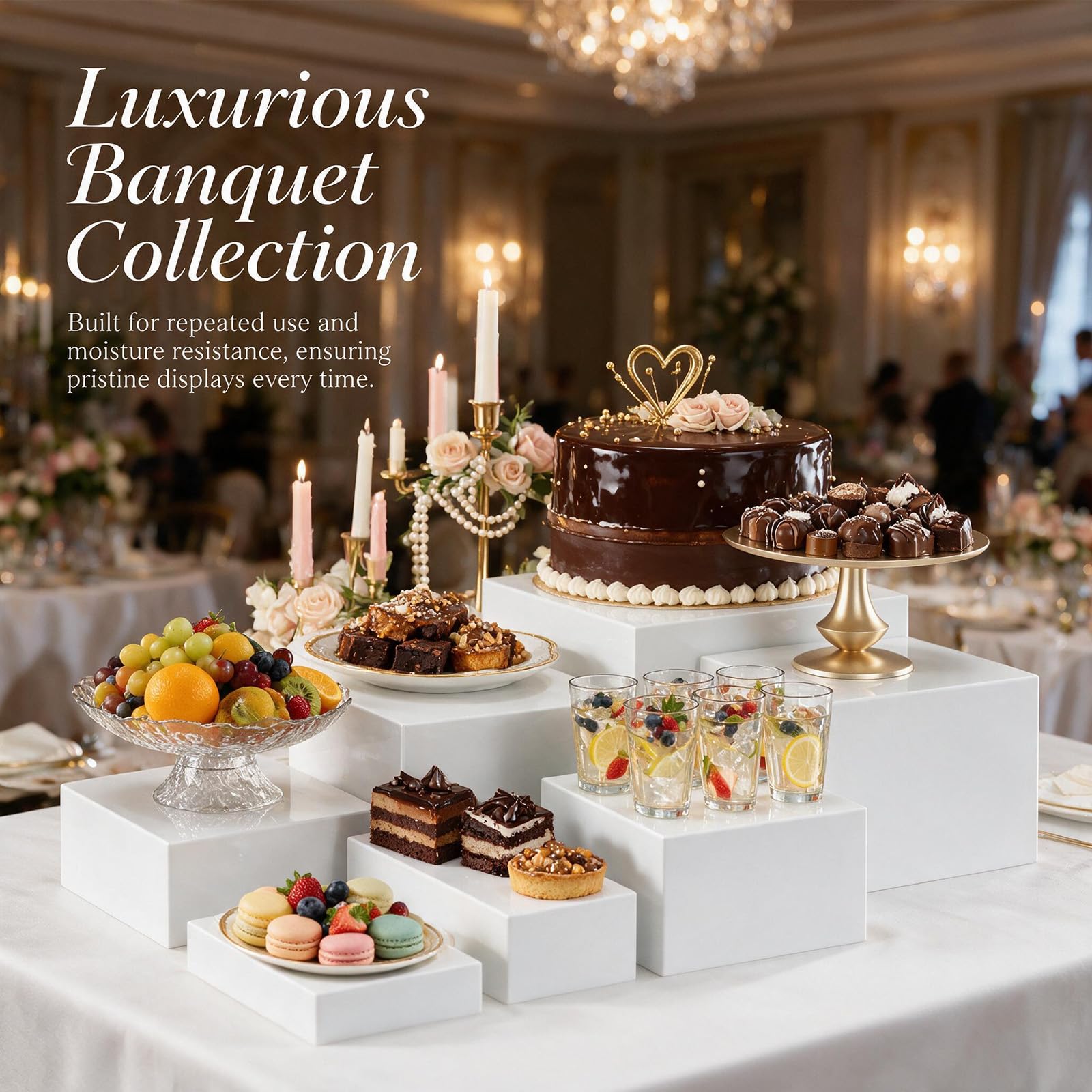 Lot de 6 présentoirs de buffet en acrylique avec étagères creuses, présentoirs alimentaires, cubes en acrylique pour desserts, bijoux, présentoir à cubes avec fond creux (blanc)