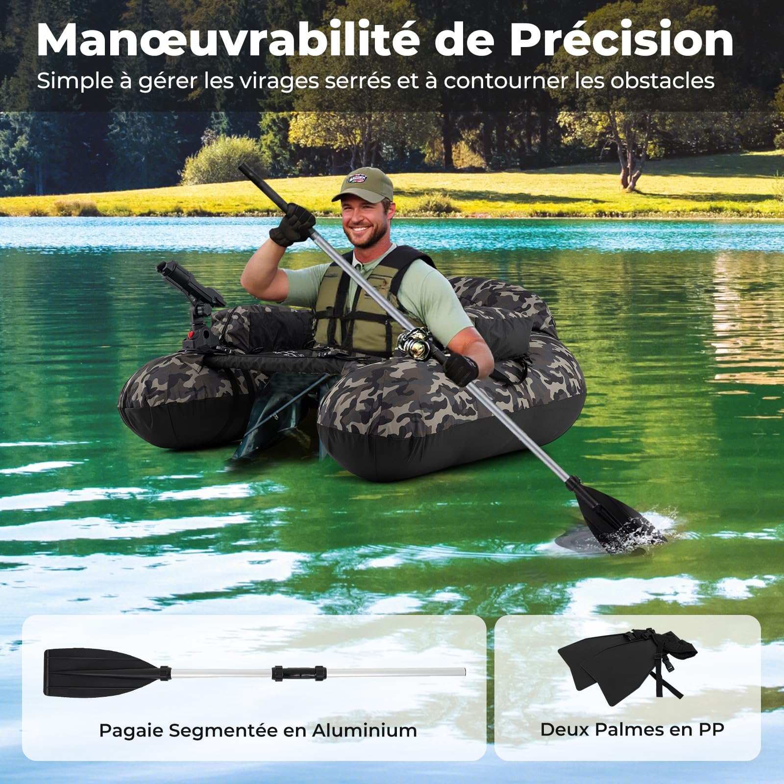 GYMAX Tube Flottant de Pêche Gonflable, Bateau de Pêche en Forme U, avec Pompe à Air, Pagaie, 2 Palmes, Support de Canne, Filet d'Écaillage, Table d'Appâts, Charge 150KG
