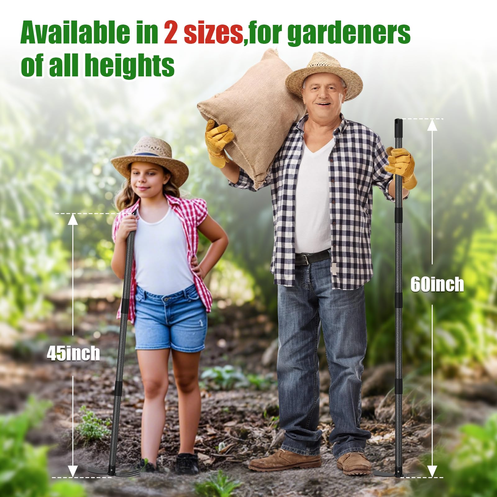 Hoe Garden Tool - Azadas de malezas 2 en 1 resistentes con rastrillo cultivador de cultivador, azada de jardín de 60 pulgadas, mango largo para desmalezar, herramientas de mano para