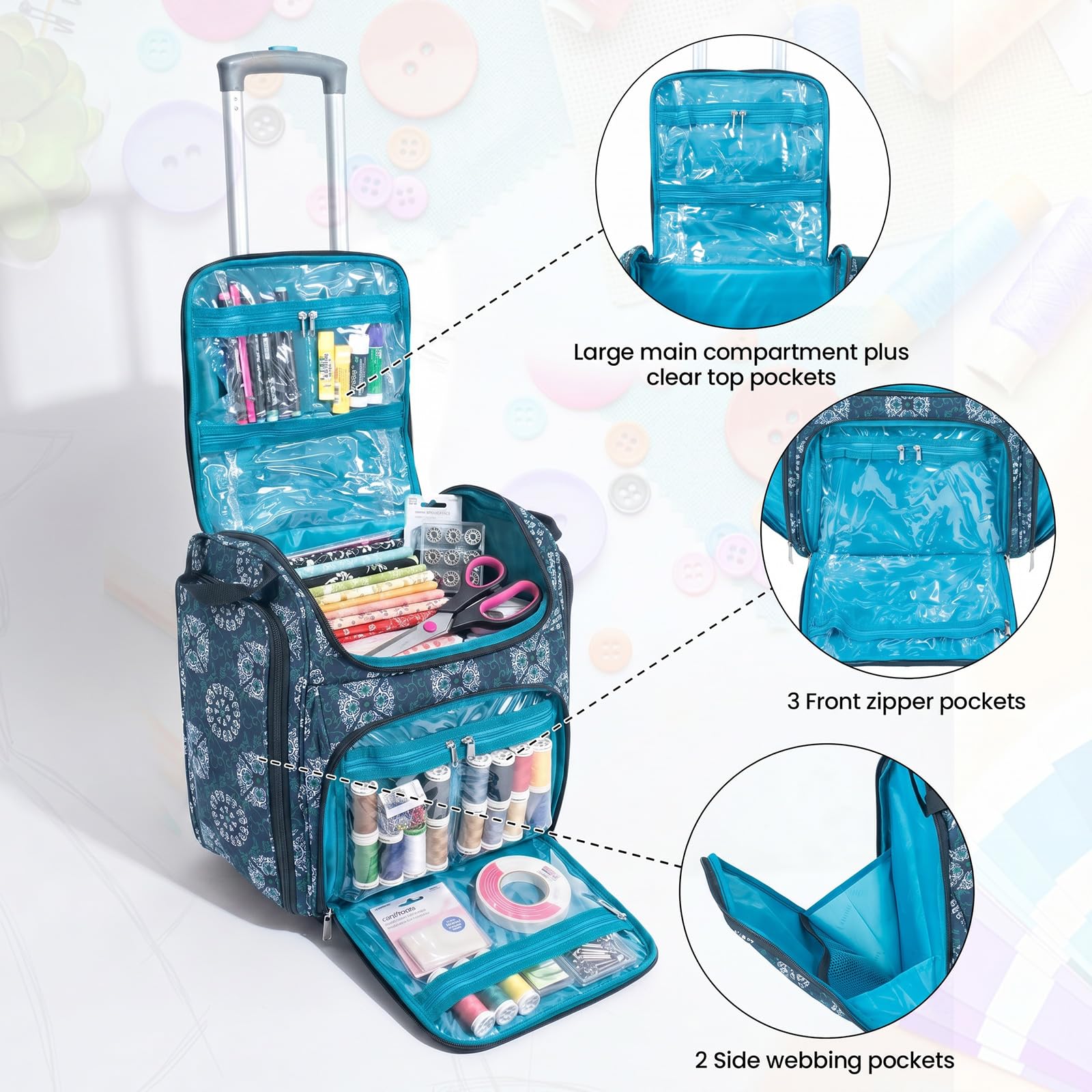 Handy Sandy Organizer do torby rzemieślniczej, torba do przechowywania artykułów rzemieślniczych i torba do scrapbookingu z uchwytem i kółkami, płytka Madryt, 40 cm x 38 cm x 24 cm, torba na ramię