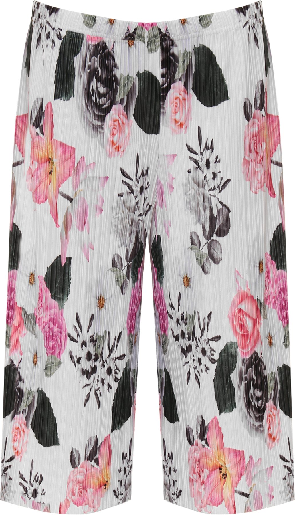 WearAll New Womens Plus Size Crepe Plain Stretch Wide Leg Culottes Ladies Shorts - Crinkle Floral White - 28-30