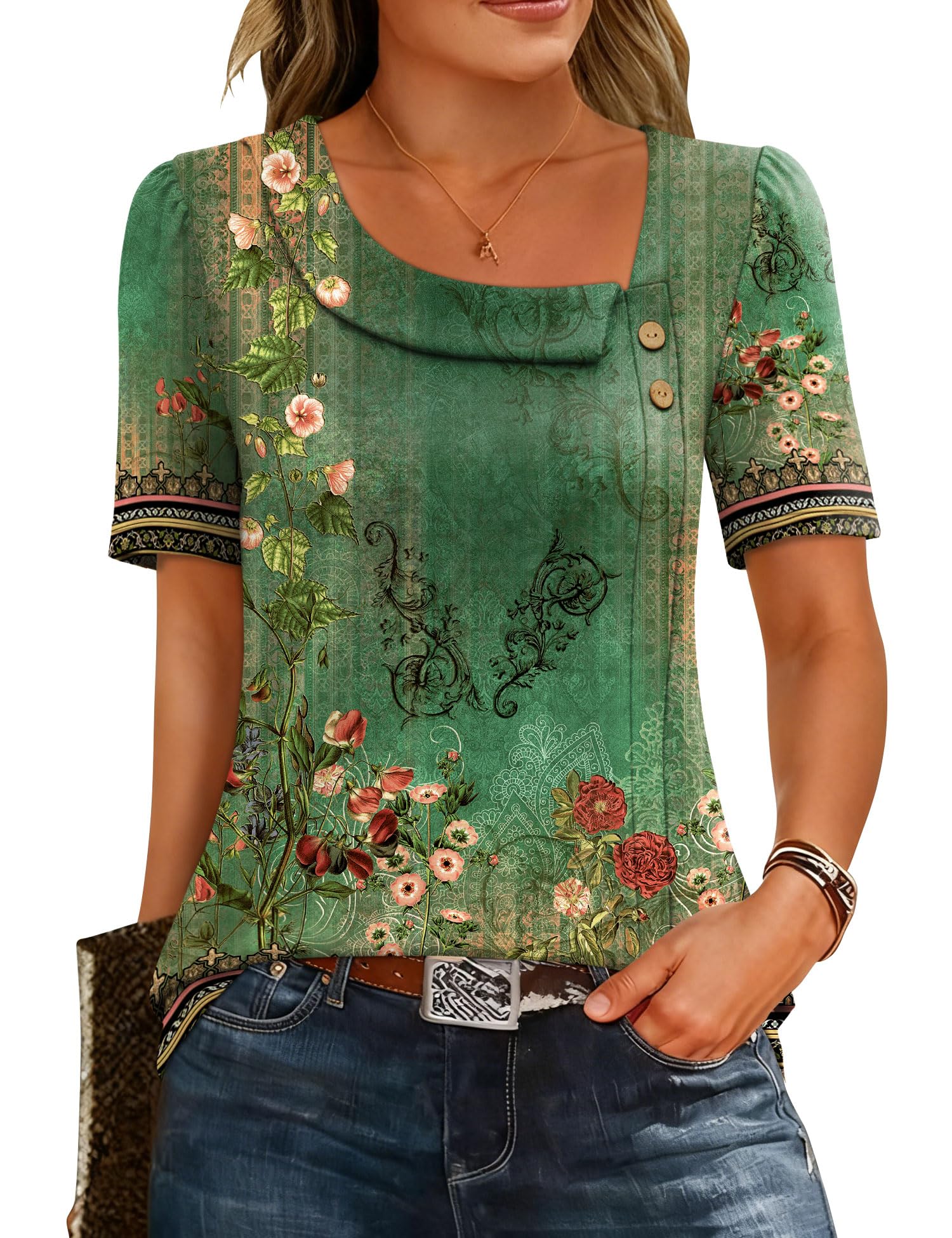 Rapbin Bluse Damen Elegant Sommer Oberteile Kurzarm Asymmetrischer Kragen T-Shirt Business Casual Tunika S-XXL