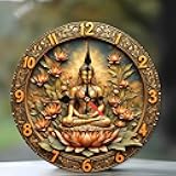 Lancholy Golden Buddha Lotus Wall Clock Home Decor 10-Inch Wooden Wall Clock, Silent Movement, Battery Operated (AA Batteries Not Included), Artistic Home Decor, Perfect for Home Accents