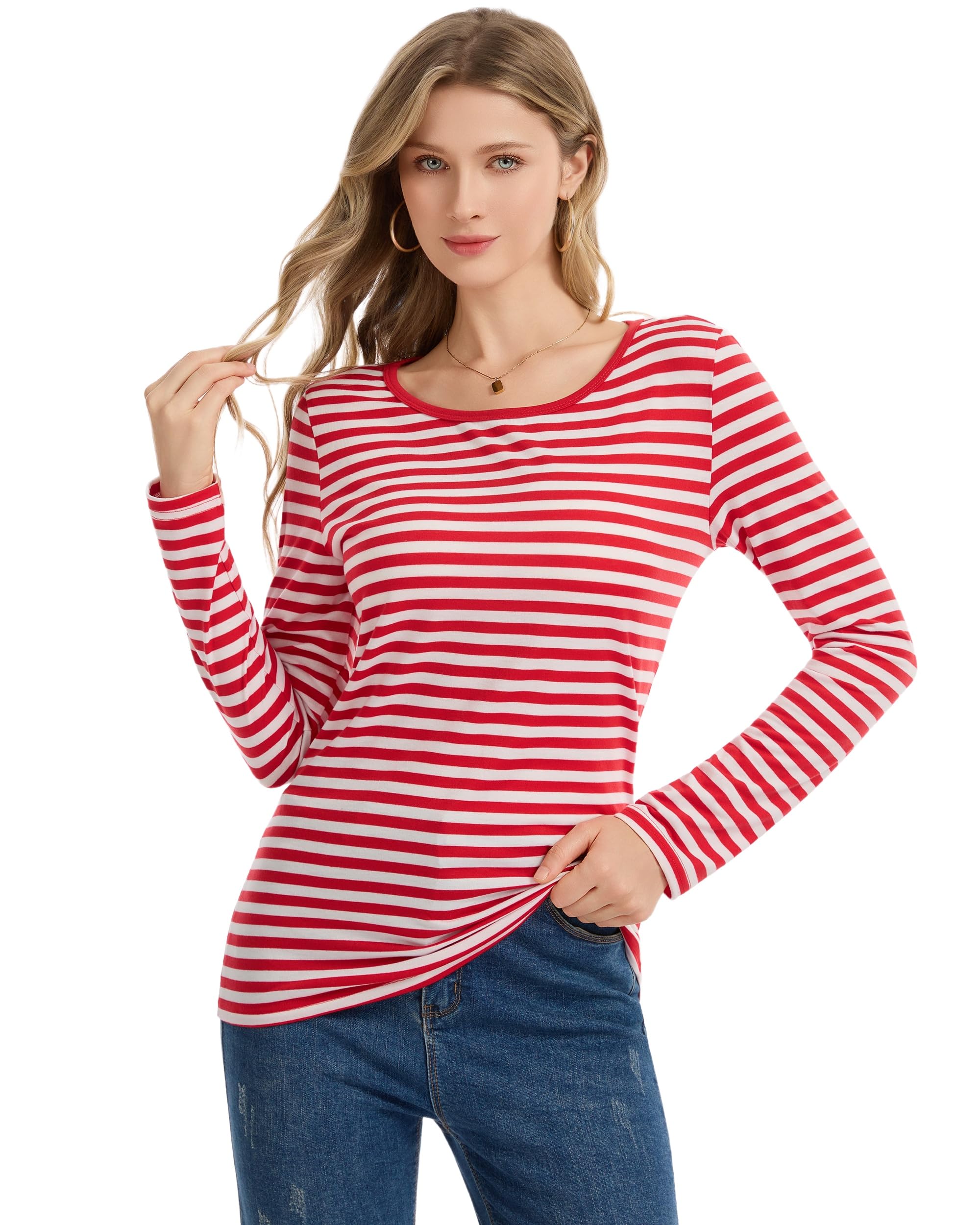 LUYANA Women Stripe Long Sleeve Top Classic Nautical T-Shirt Casual Tee for Halloween Carnival Costume Red S — image 1