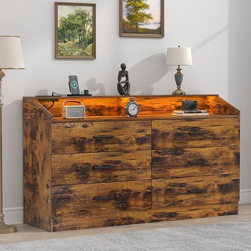 6 Drawers Dresser with Power Outlet, Chest of Drawers with LED Light, Modern Dresser with Open Storage Cubby, Double Wide Dresser Organizer for Bedroom, Living Room, Entryway, Hallway (Brown)