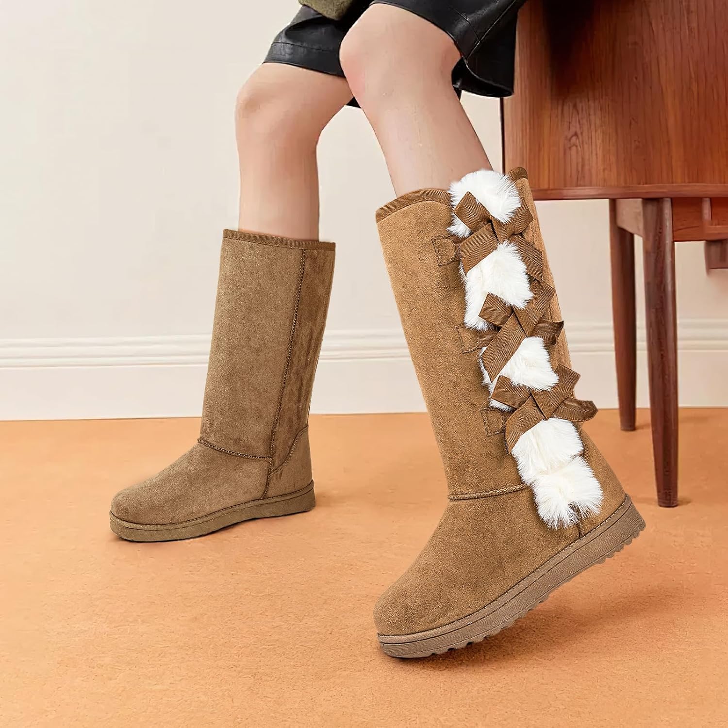 THATXUAOV Womens winter boots,Black fuzzy Mid-Calf Boots,fashion Warm casual outdoor snow boots for women - Image 5