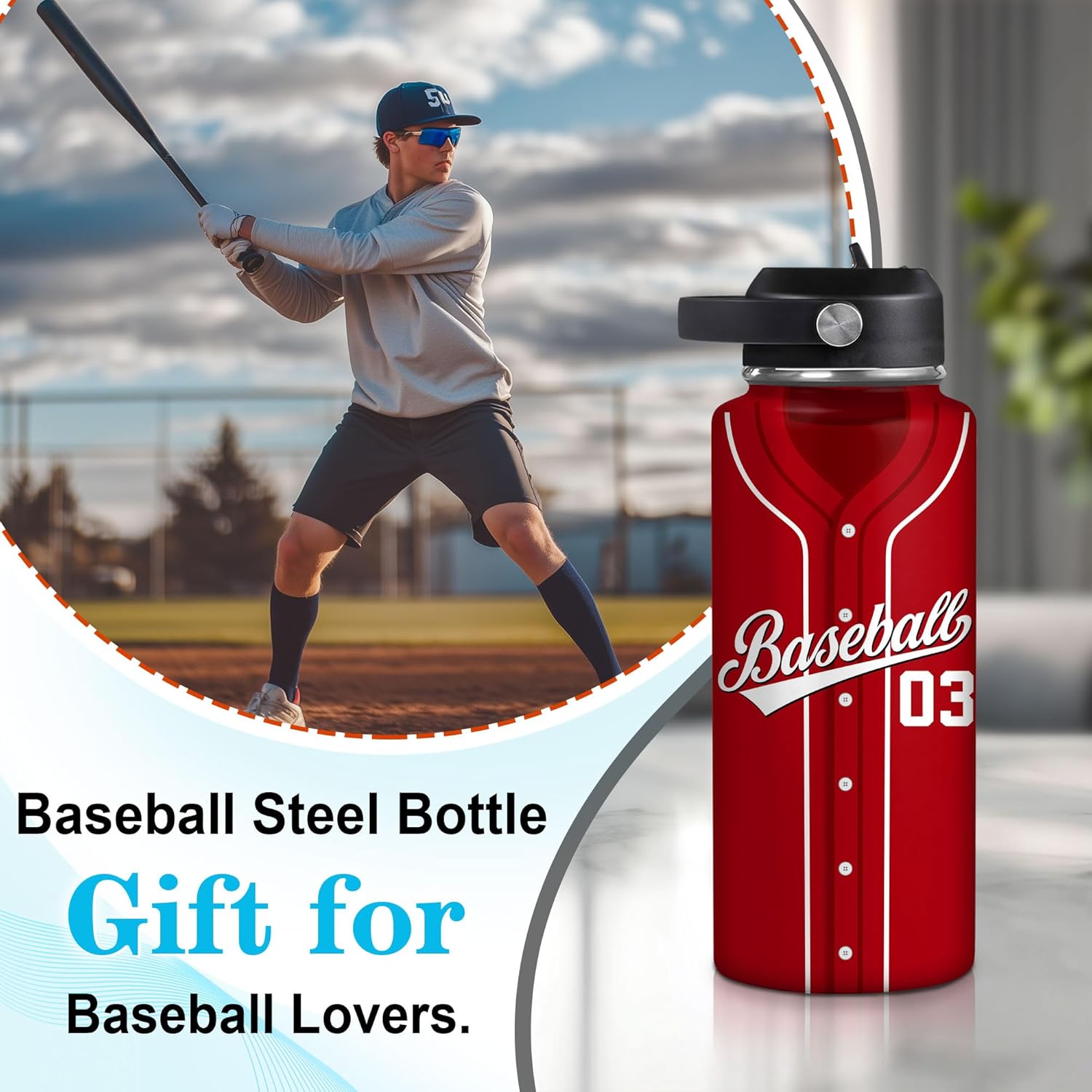Hyturtle Personalized Baseball Water Bottle - Travel Insulated Stainless Steel Bottle with Leak-Proof Lid 18oz 32oz - Gift for Men, Boys, Baseball Lovers, Players, Coaches - Birthday & Christmas Gift