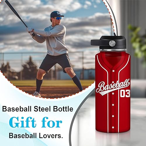 Vista 130 de Hyturtle Botella de agua de béisbol personalizada, botella de acero inoxidable aislada de viaje con tapa a prueba de fugas, 18 onzas, 32 onzas