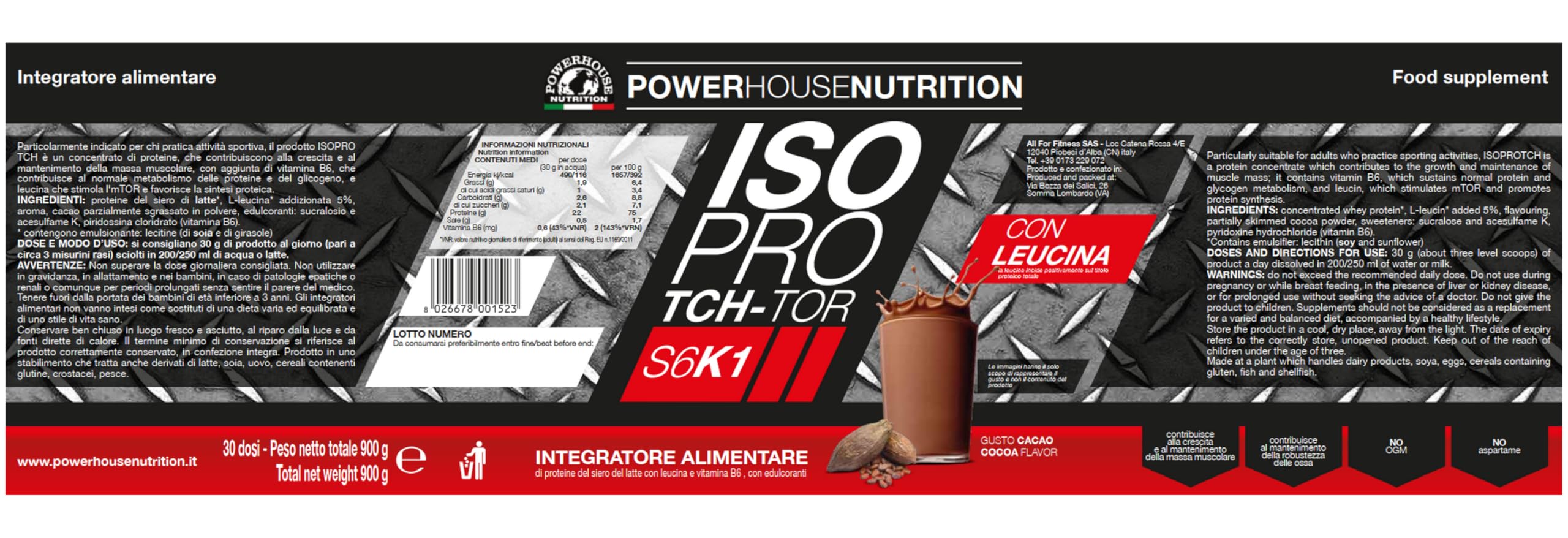 Proteine Isolate del Siero del Latte con Leucina ISOPRO TCH Powerhouse Nutrition, Proteine in Polvere Isolate per Aumento e Sviluppo Massa Muscolare, Proteine Whey Gusto Cacao (900 g)