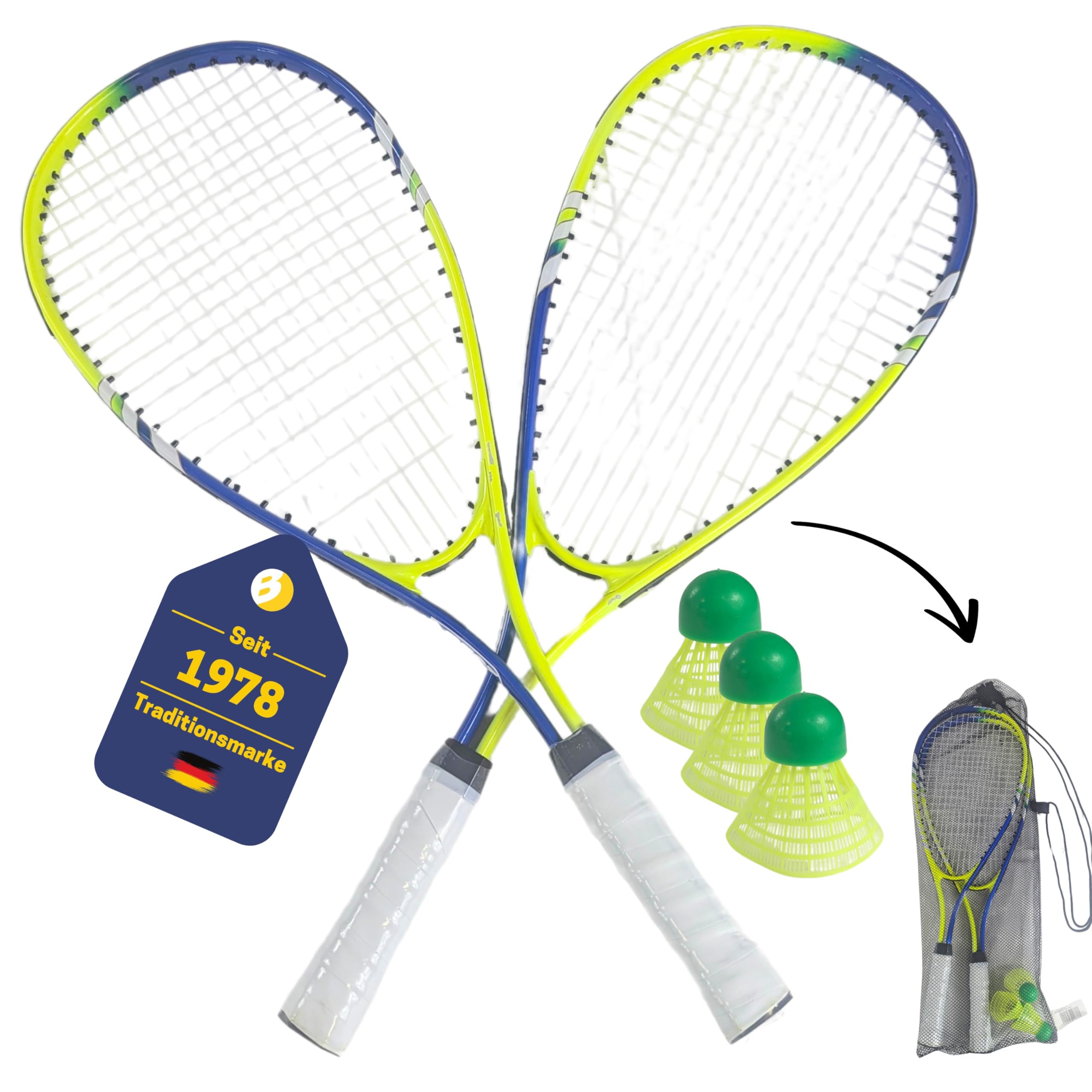 BEST SPORTING Power Badminton - Set di volani con 2 racchette blu/verde e 3 palline gialle neon, per adulti e bambini