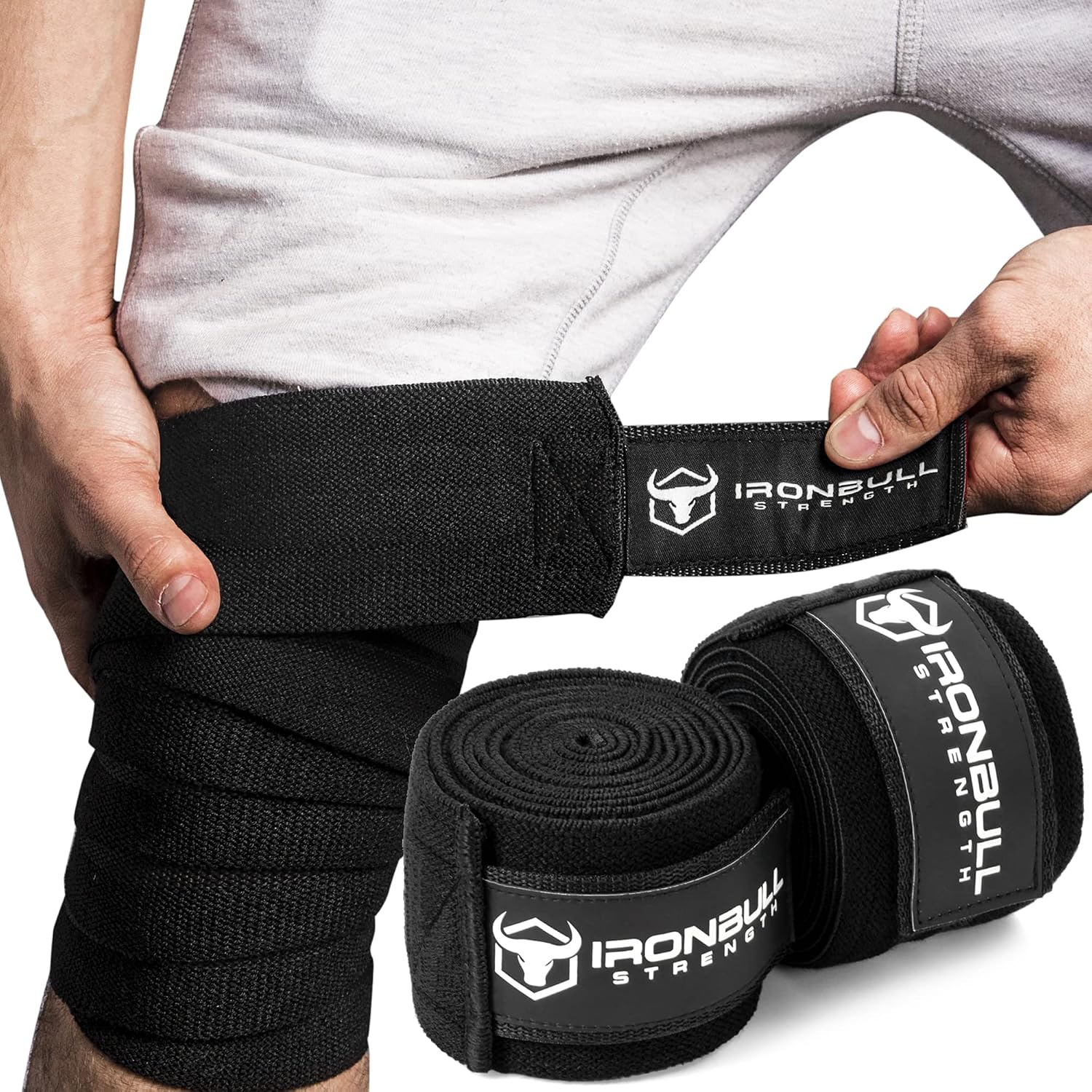 Iron Bull Strength Knee Wraps (1 Pair) - 80" Elastic Knee and Elbow Support & Compression - For Weightlifting, Powerlifting, Fitness, WODs & Gym Workout - Knee Straps for Squats