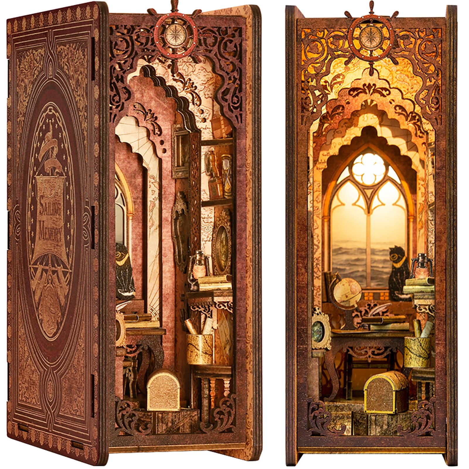 Cutefun Book Nook Kit - Decorative Bookend Alley Build Model with LED Light, DIY Miniature Dollhouse Kit 3D Wooden Puzzle for Adults, Teens, Crafts Gifts for Bookshelf Decor (Sailing Memory)