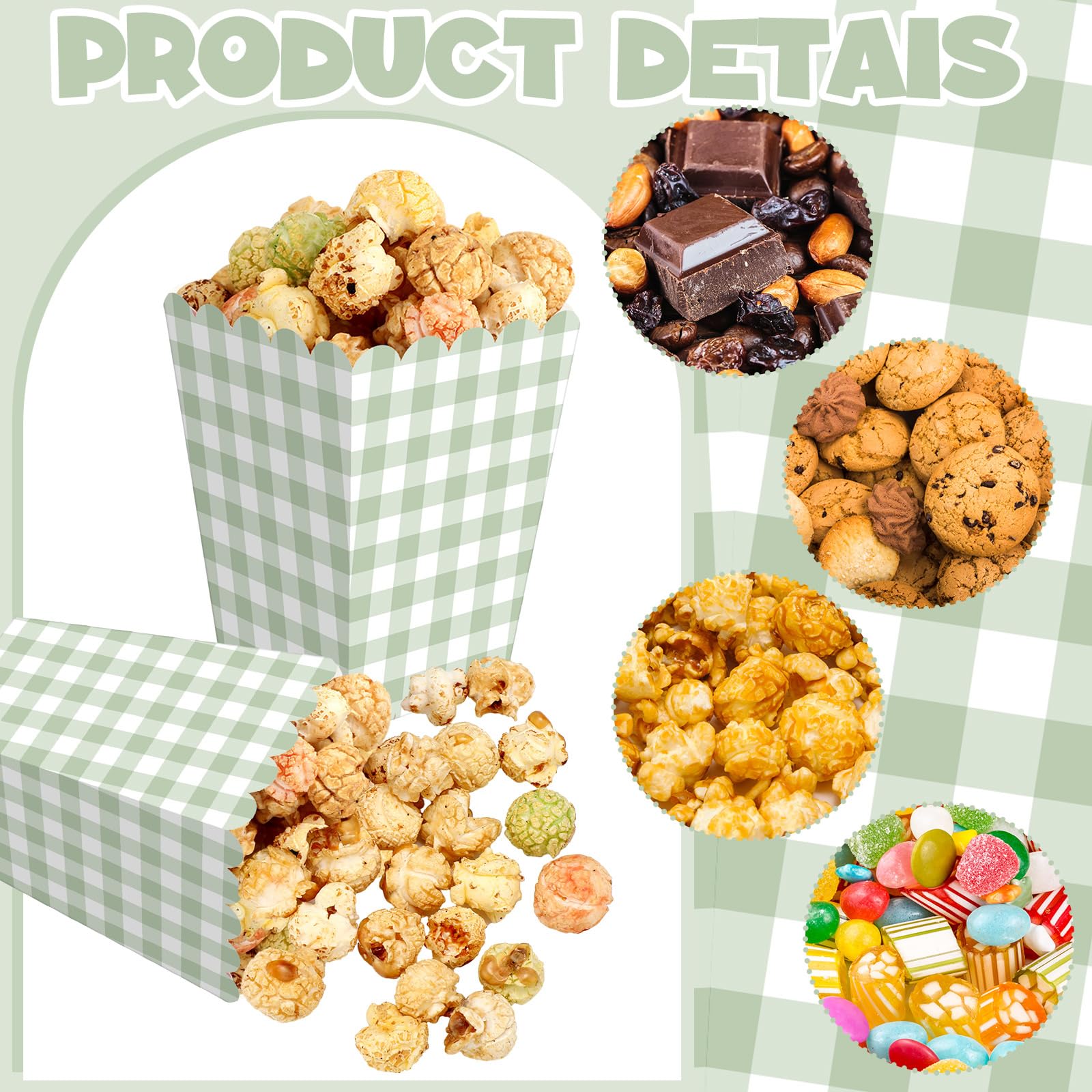 Gueevin 100 scatole per popcorn a quadretti verdi con mini contenitori di carta smerlati per popcorn sfusi a quadretti verdi per feste per feste di cinema, decorazioni per feste di addio al nubilato