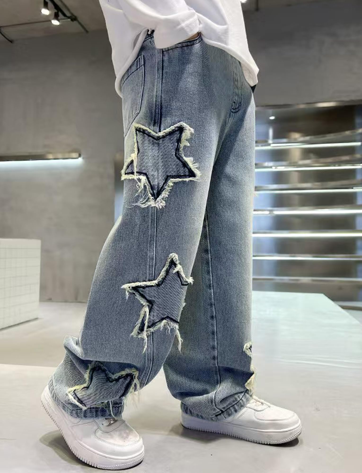Happy Cherry Jungen Baggy Jeanshosen Kinder Elastische Taille Loose Fit Jeans Weite Beine Denimhose mit Taschen