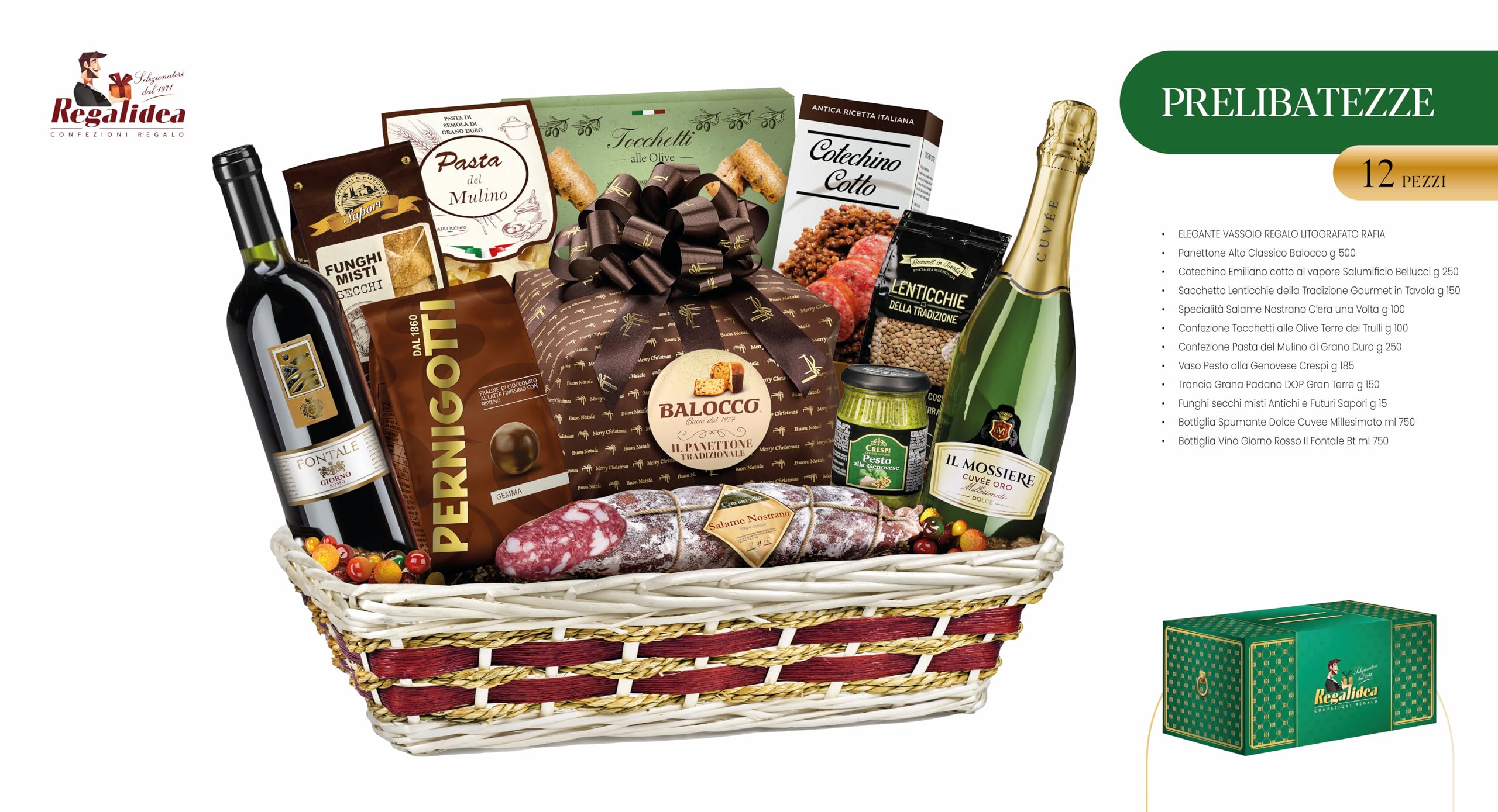 Cesto Natalizio Regalidea “Prelibatezze” con Specialità Gastronomiche Tipiche di alta qualità - Confezione Regalo di Natale Gourmet da 12 Pezzi