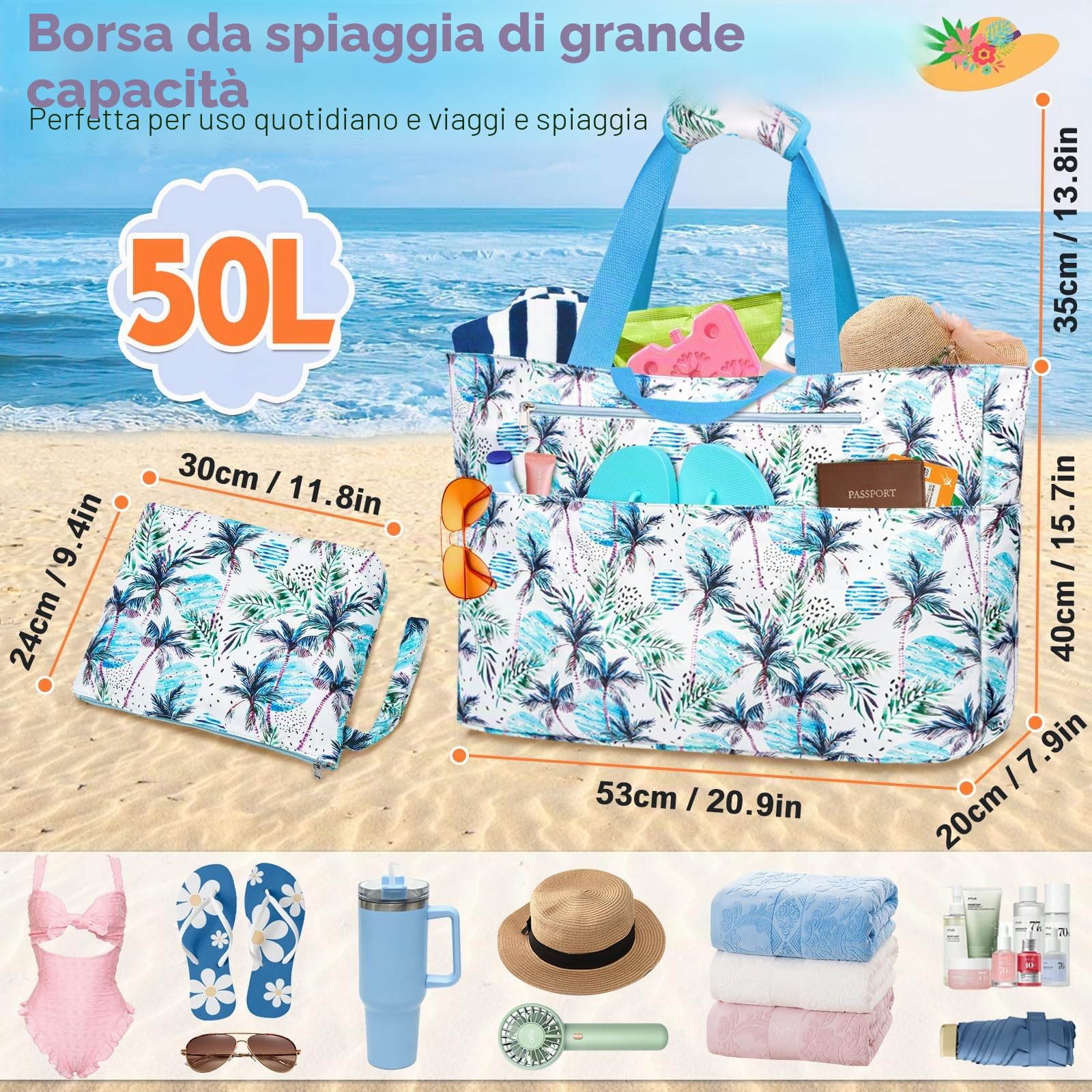Borsa Mare Donna Grande XXL Famiglia 50L Impermeabile Borsa da Spiaggia con Cerniera Borse Mare Uomo Pieghevole Beach Tote Bag con 14 Taschen per Viaggio Shopping Picnic (Blu Foglie)