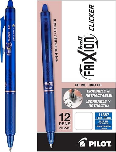 Pilot FriXion Clicker - Bolígrafos de gel borrables, punta gruesa (0.039 pulgadas), tinta azul, paquete de 12 bolígrafos de escritura suaves y
