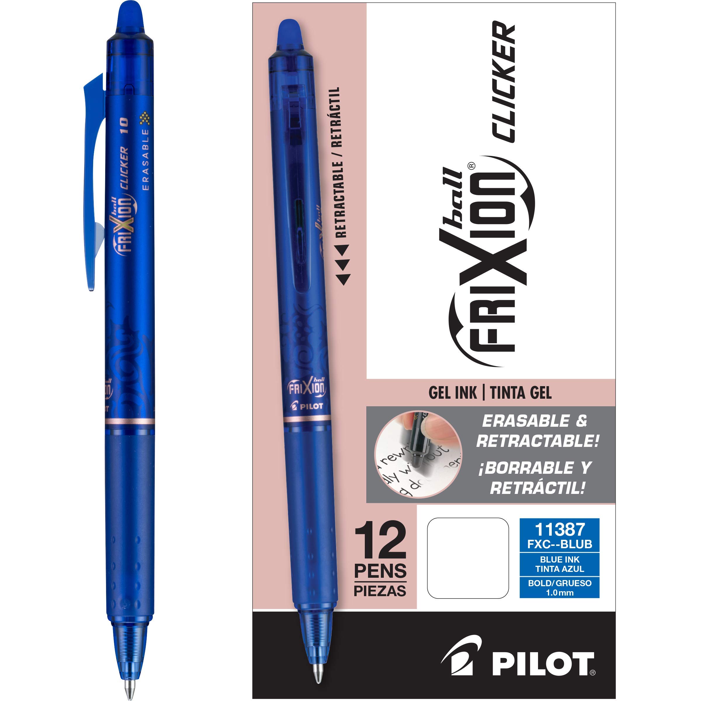 FriXion Clicker Erasable Gel Pens, Bold Point (1.0mm), Blue Ink, 12-Pack - Refillable, Smooth Writing Pens for School, Journaling, and Office Use