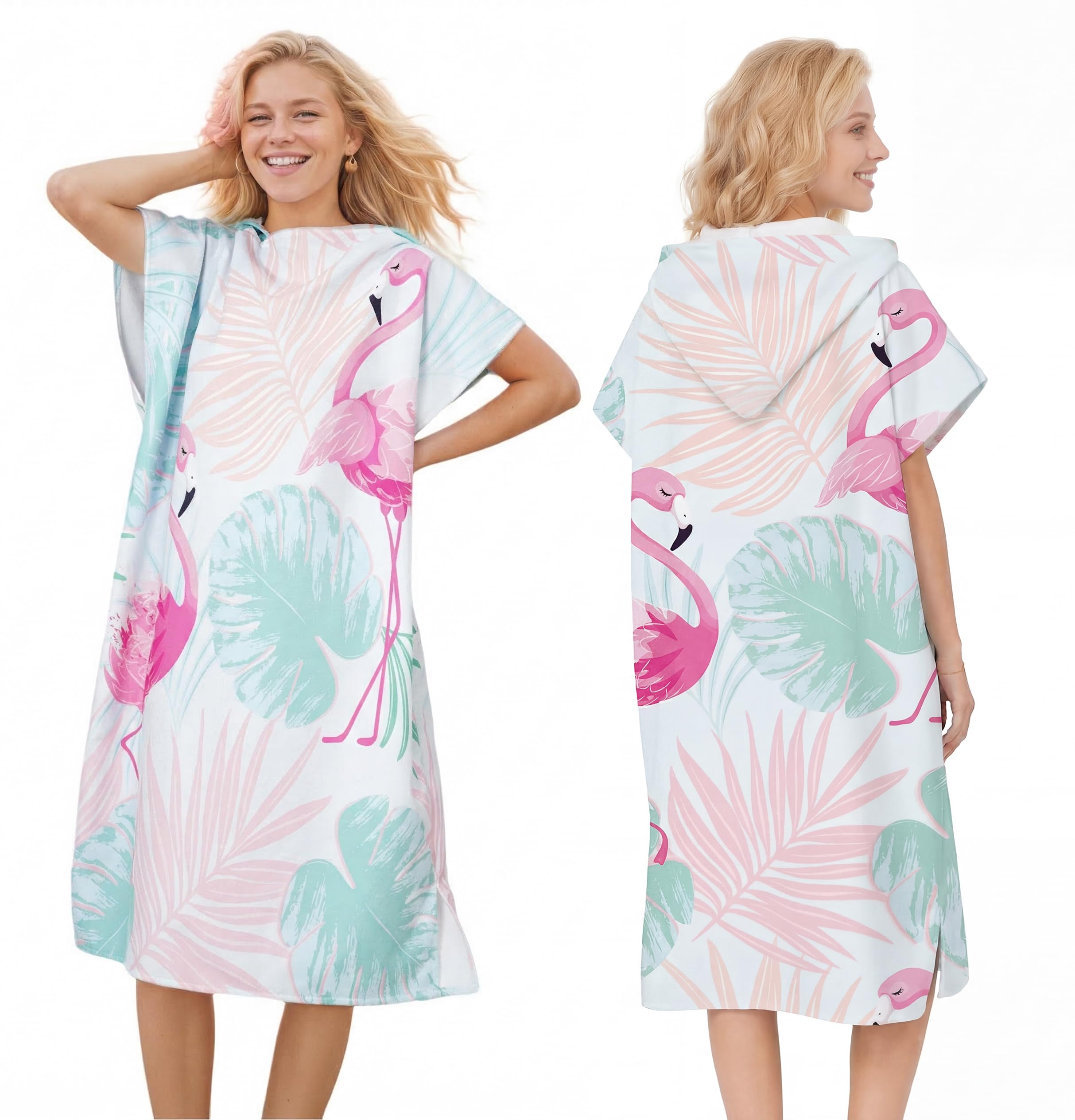 Lomtrats Flamingos Quick-Drying Surf Poncho, Changing Towel, Bathrobe, Sports Towels For Swimmers,Hoodie For Adults,Swimming,Beach,Surfing,Diving,Bathing（Adult-L）