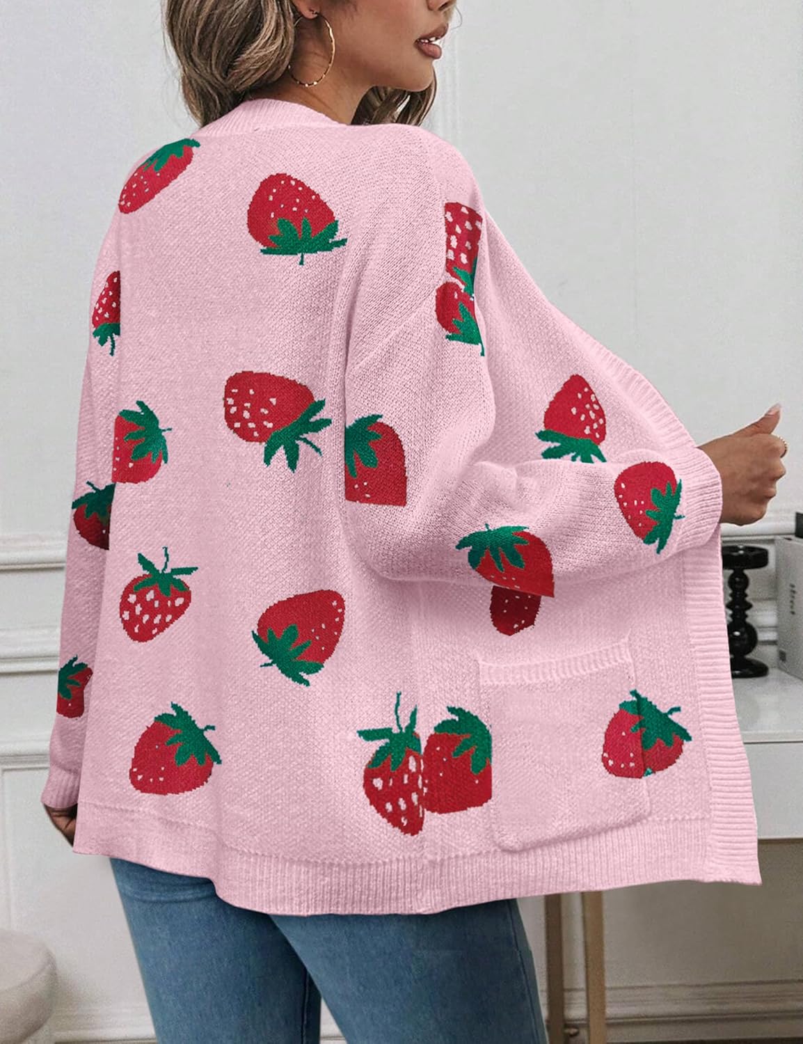 Women's Strawberry Cardigan Sweater Printed Long Sleeve Open Front Knit Cardigans with Pockets - Image 3