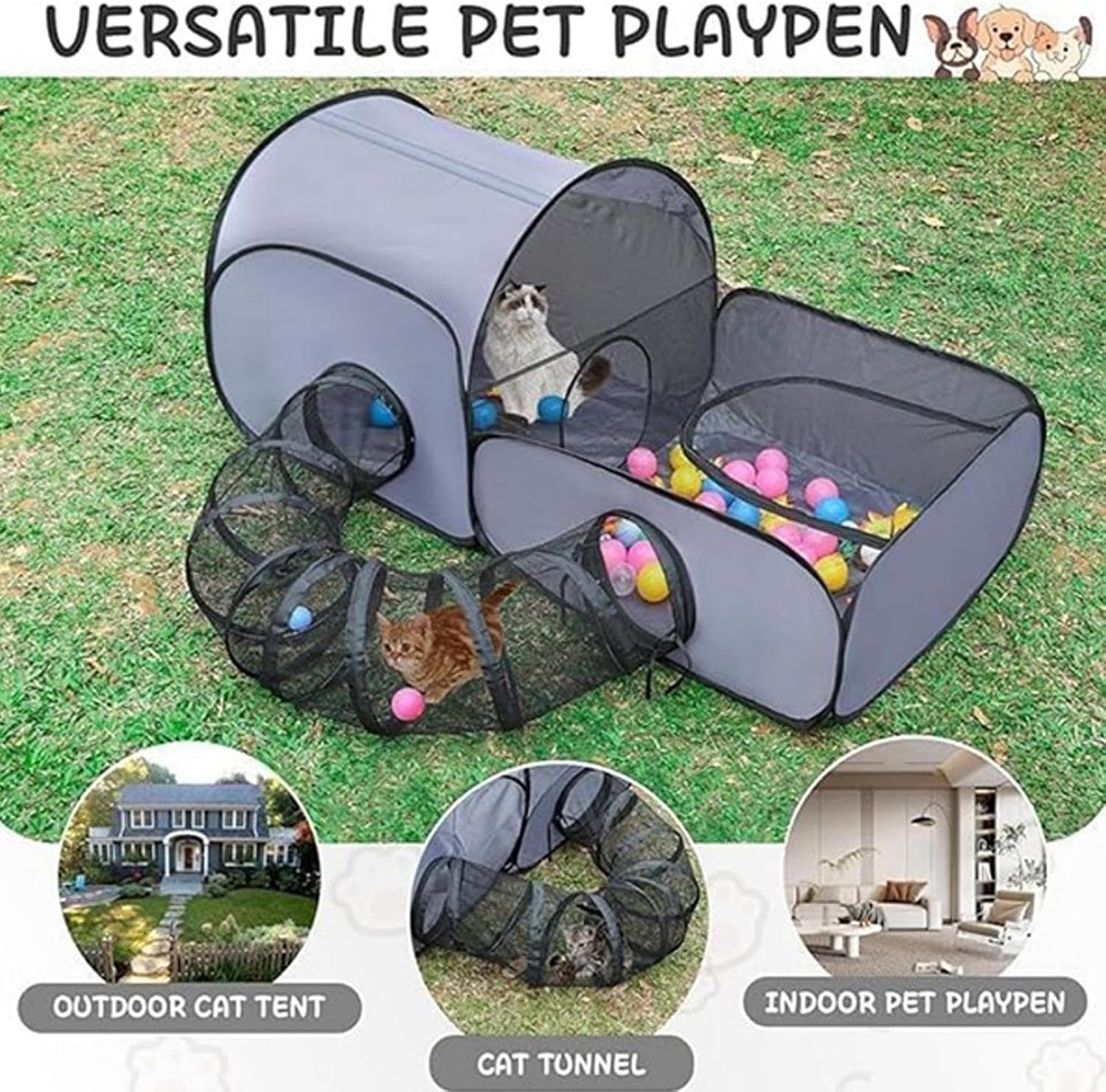 Cat - Foldable Pet Enclosure Tent, Kitten Puppy Exercise Tunnel House with Breathable Mesh Panels Zipper Entry Design, Safe Activity Space Function, Ideal for Travel Outdoor Indoor Small Anima