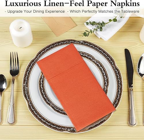 Miniatura 9 de Lylllwly Servilletas de papel de color naranja oscuro desechables, servilletas de cena con bolsillo integrado para cubiertos preplegadas para