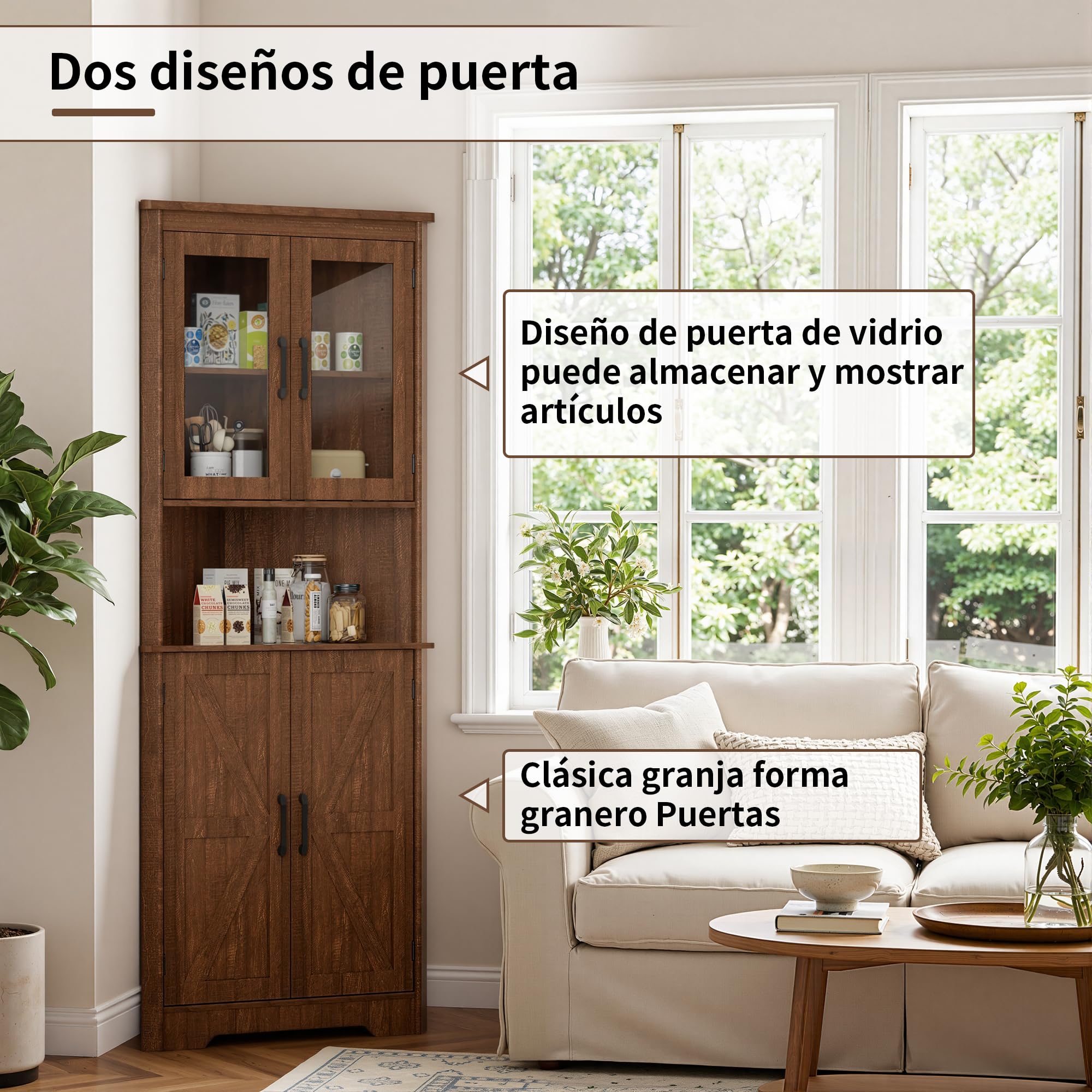 BonVache Armario de esquina alto y estrecho para el baño con 2 puertas y 5 estantes, armario de almacenamiento para cocina, dormitorio, sala de estar, estante de esquina de 170 cm, marrón
