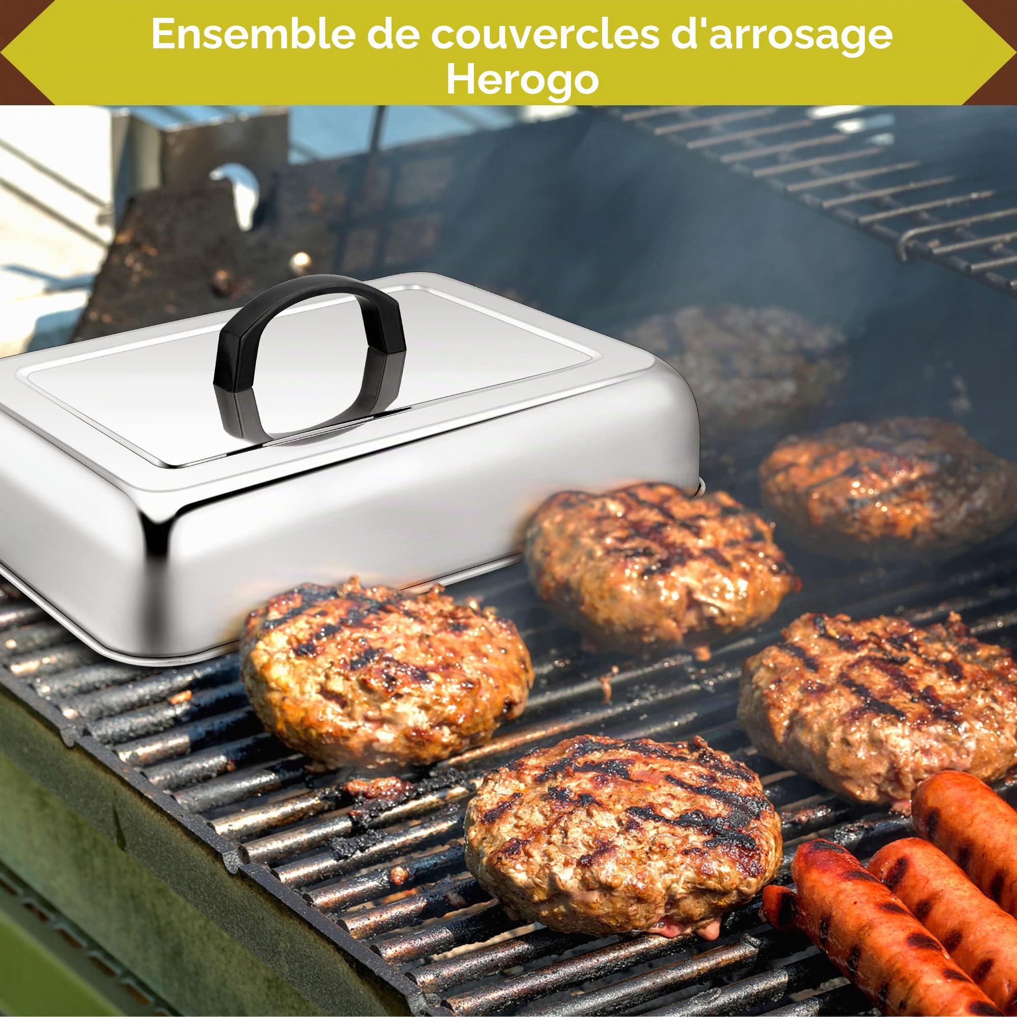 Herogo Lot de 2 bombes de cuisson rectangulaires en acier inoxydable avec poignée résistante à la chaleur, idéales pour barbecue, grill à dessus plat, passe au lave-vaisselle, Argenté.