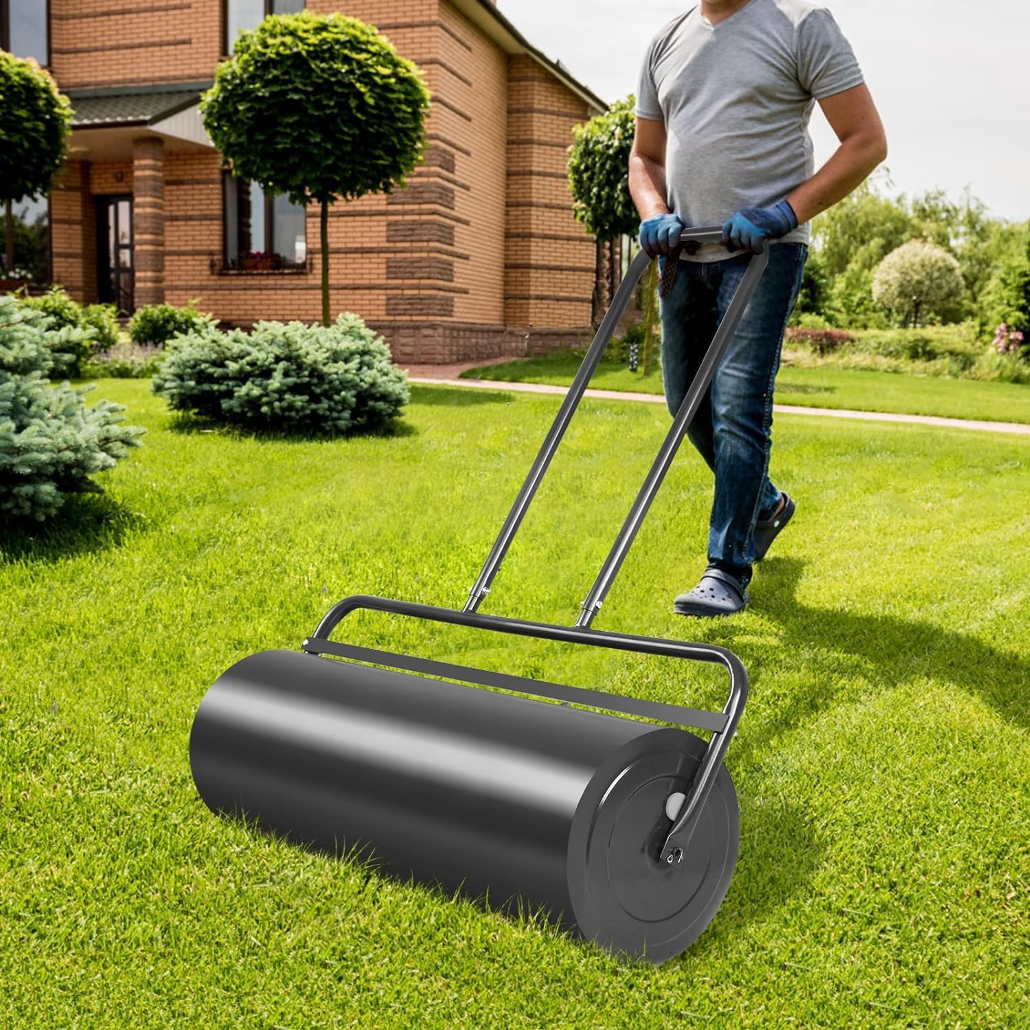 GOPLUS Rodillo de Césped para Jardín de Acero 48 L/63 L, Rodillo Manual Rellenable con Agua o Arena, Apisonadora de Césped (48 L, Negro)