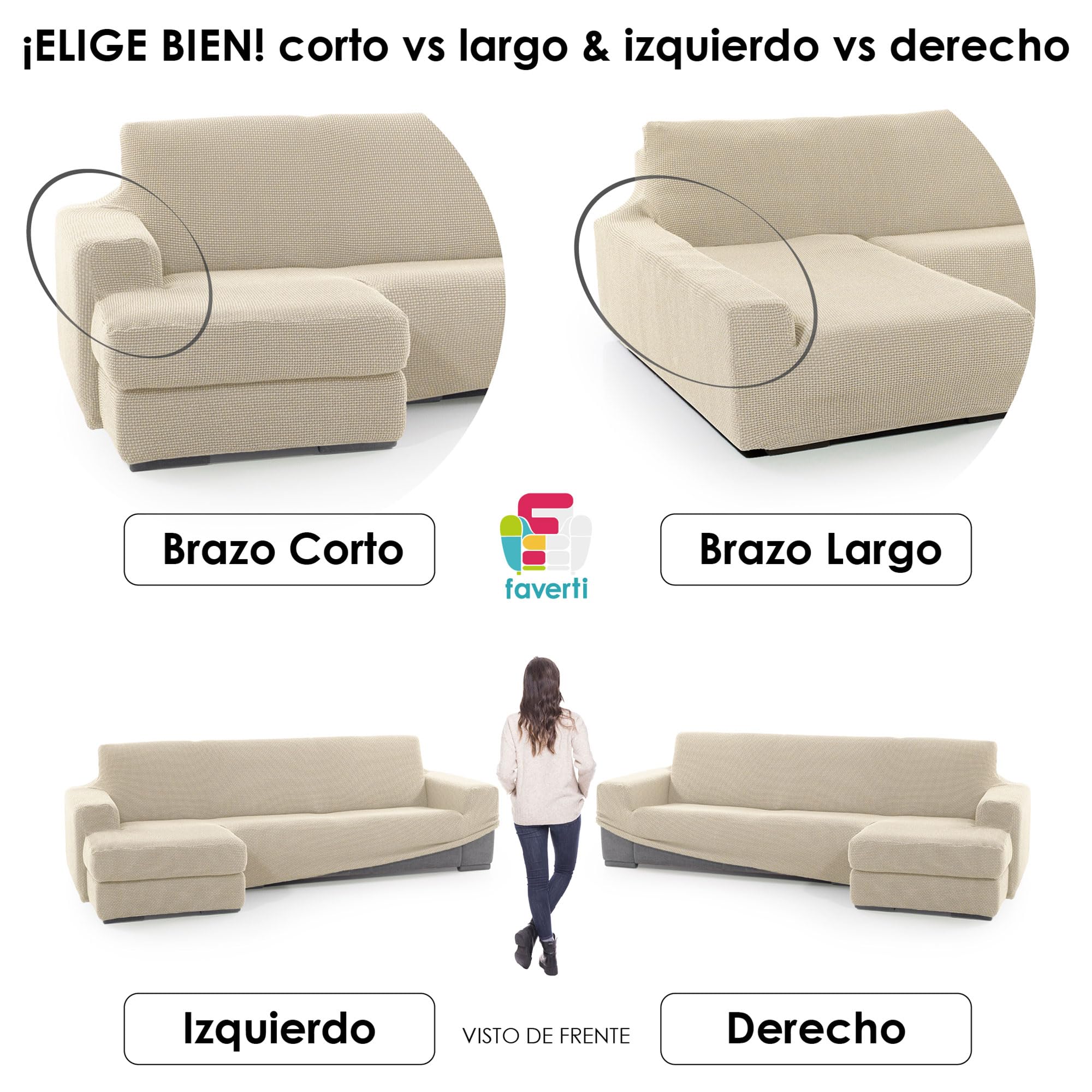 FAVERTI® Funda Super Elástica Chaise Longue Brazo Corto Derecho (Visto de Frente) | Modelo NOVELE | Beige | Protector de Calidad de Tejido Jacquard Tacto algodón