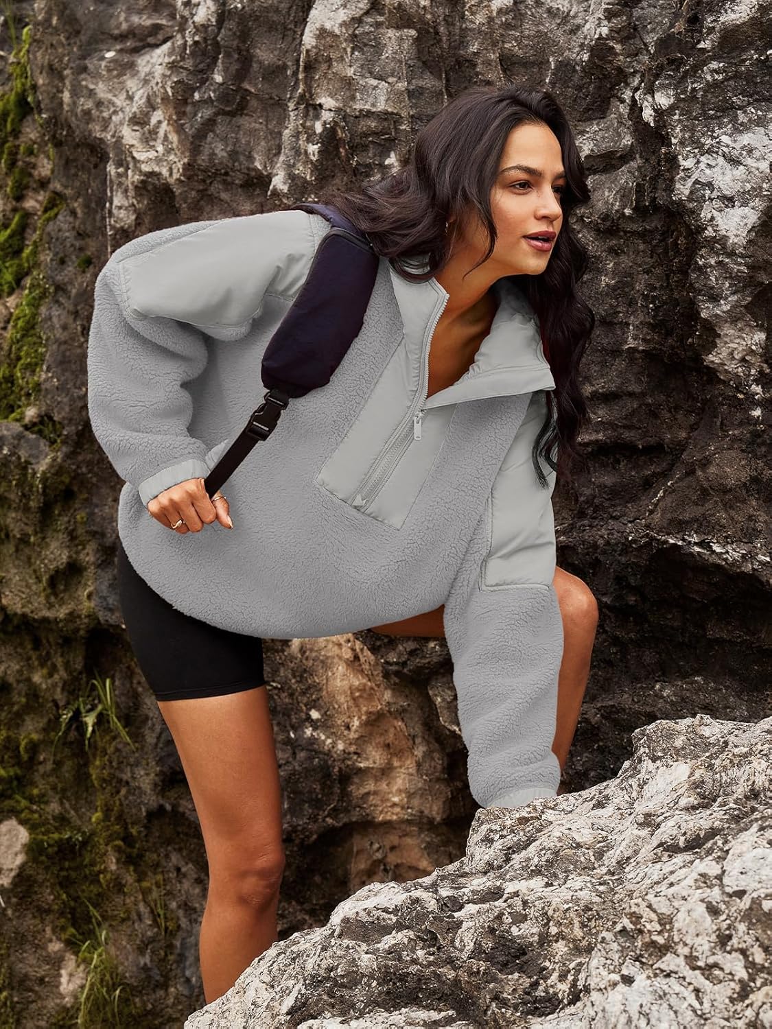 Panadila Womens Half Zip Pullover with Pockets Sherpa Hoodie Oversized Hooded Sweatshirt Warm Fleece Jackets - Image 3