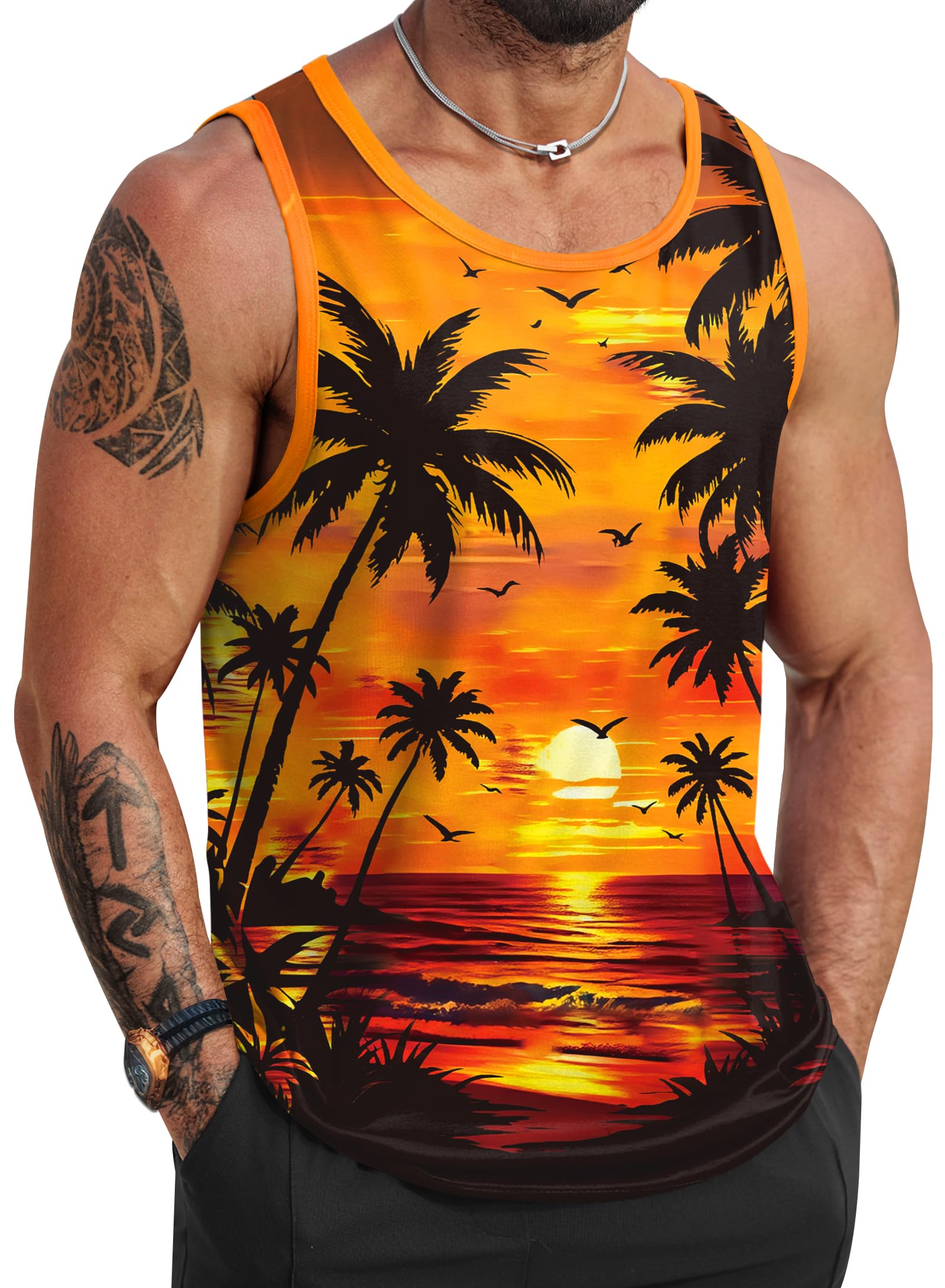 VOGSTART Mens Beach Tank Tops Summer Vacation Graphic Sleeveless Shirts