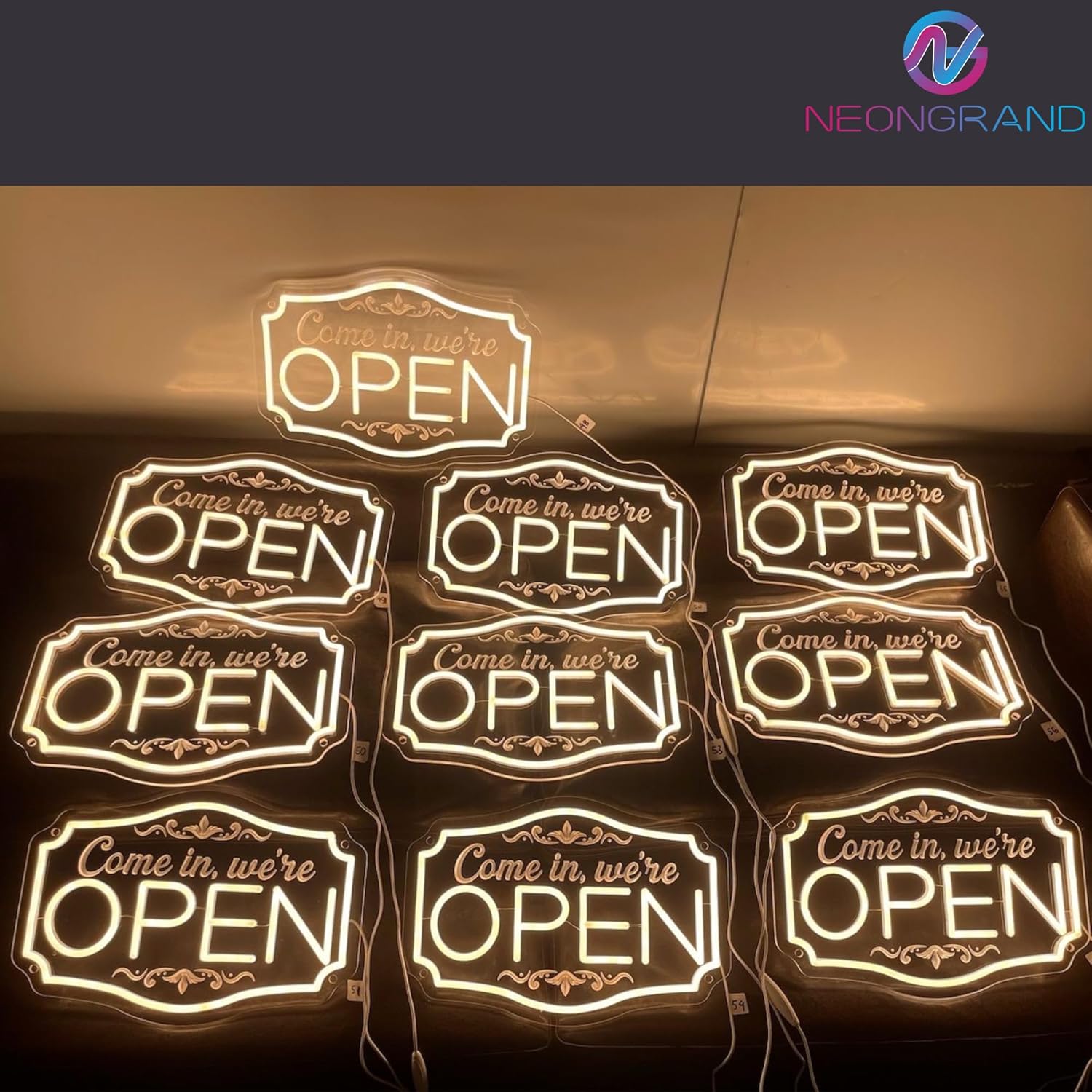 LED Neon Open Sign for Business, Adjustable Brightness Neon Lights for Party Bar Salon Stores Hotel Wall Decor Come in we're Open (Warm White, 16.5x11'') - Image 3