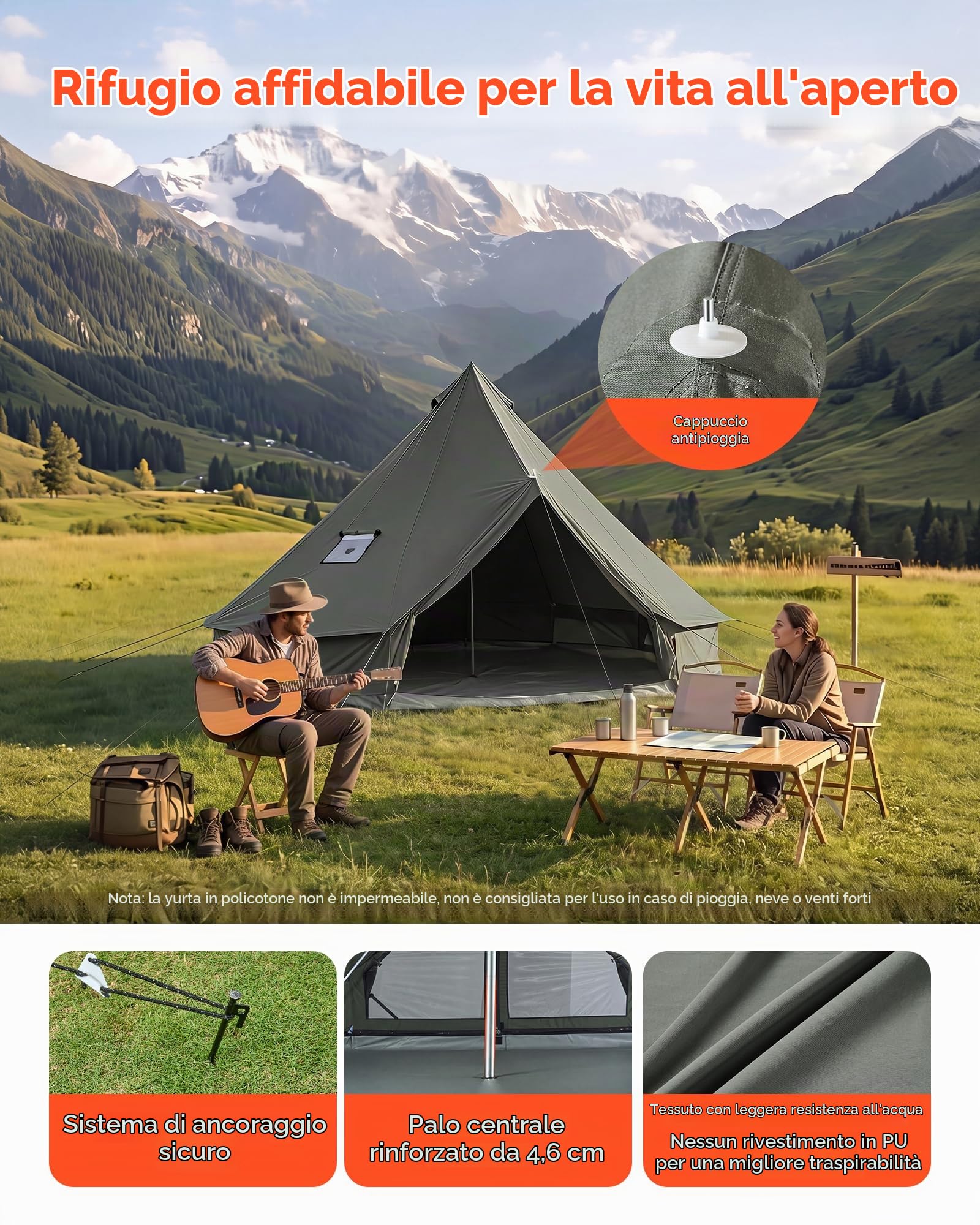 VEVOR Tenda a Campana in Tela per 4 Stagioni, Tenda Yurta 3 m per Campeggio con Presa per Stufa, Tela Traspirante, Max 3 Persone, con Pavimento Staccabile e Cerniera, per Campeggio Famiglia Glamping