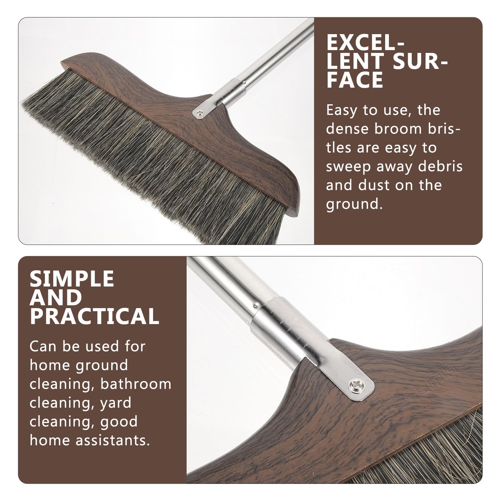 Escoba Mango Cerdas de Limpieza de Madera Largo para Suelo | Negro, Cerdas Biseladas y Lado Plano, Acero Inoxidable y Plástico, Orificio para Colgar