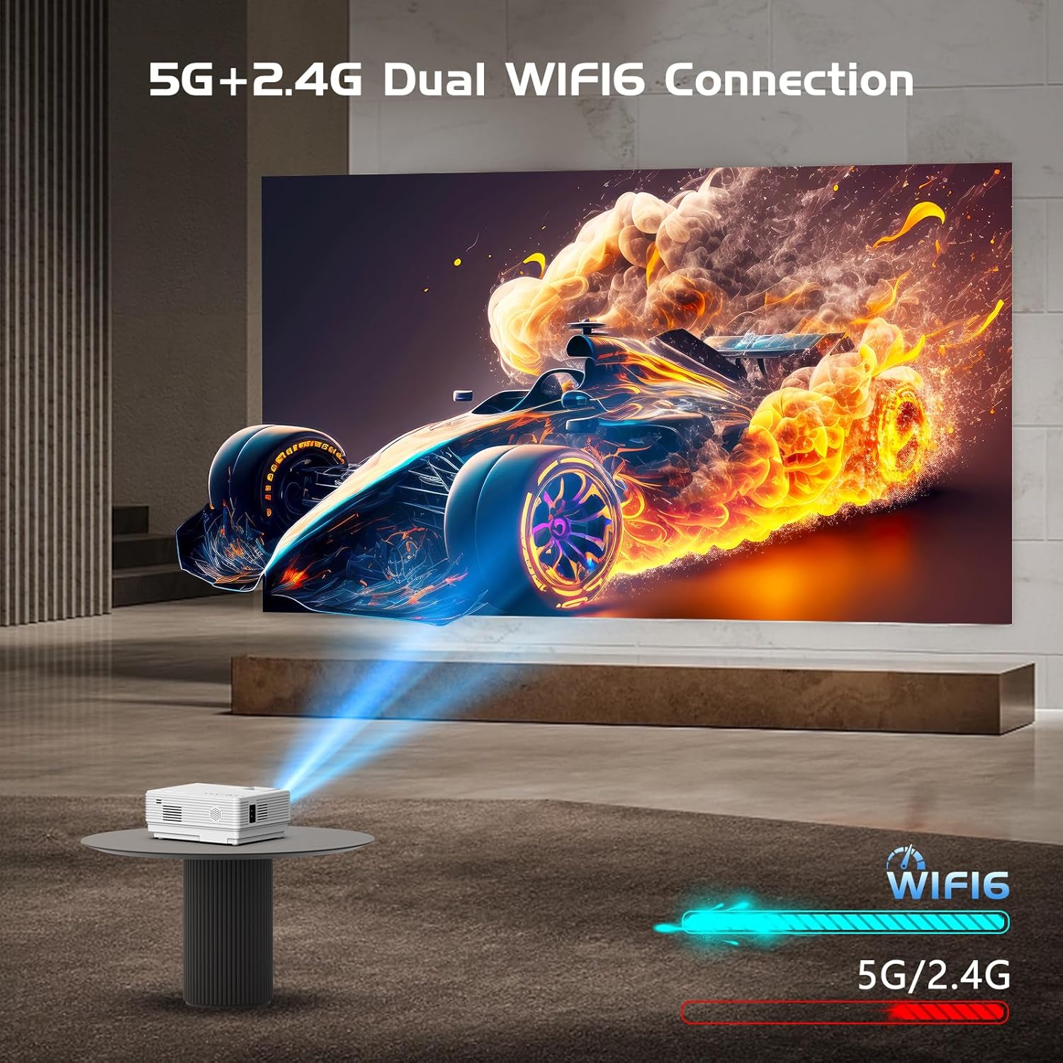 Projector displaying a dynamic image with '5G+2.4G Dual WiFi6 Connection' text, indicating strong wireless connectivity