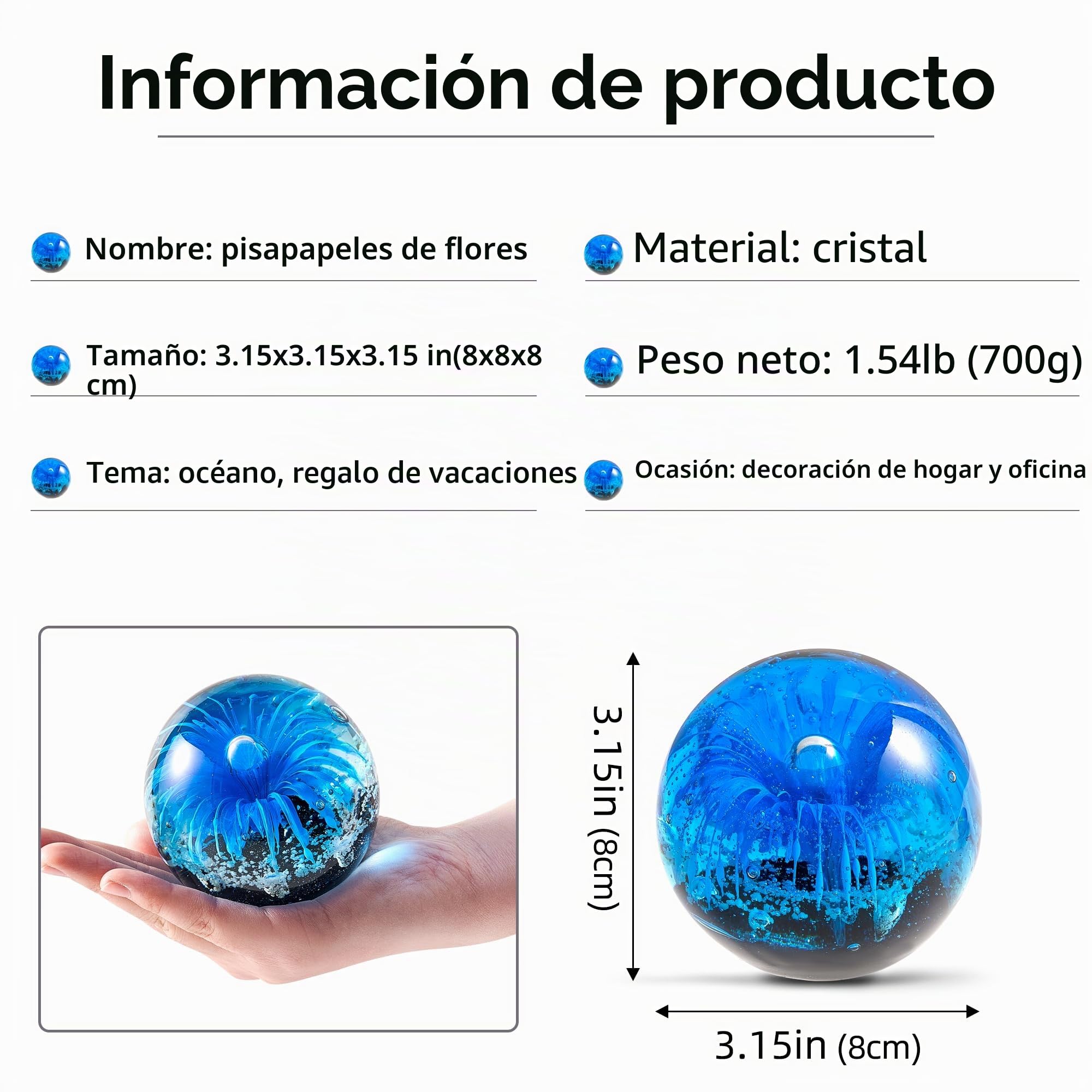 EUSTUMA Figura de Esfera de Flor Azul de Vidrio soplado a Mano, Bola de Vidrio de pisapapeles Azul,colección de Plantas Marinas para Regalo de cumpleaños, pisapapeles de Vidrio