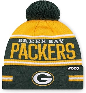 FOCO NFL Team Logo Big Wordmark Stripe Pom Beanie Hat