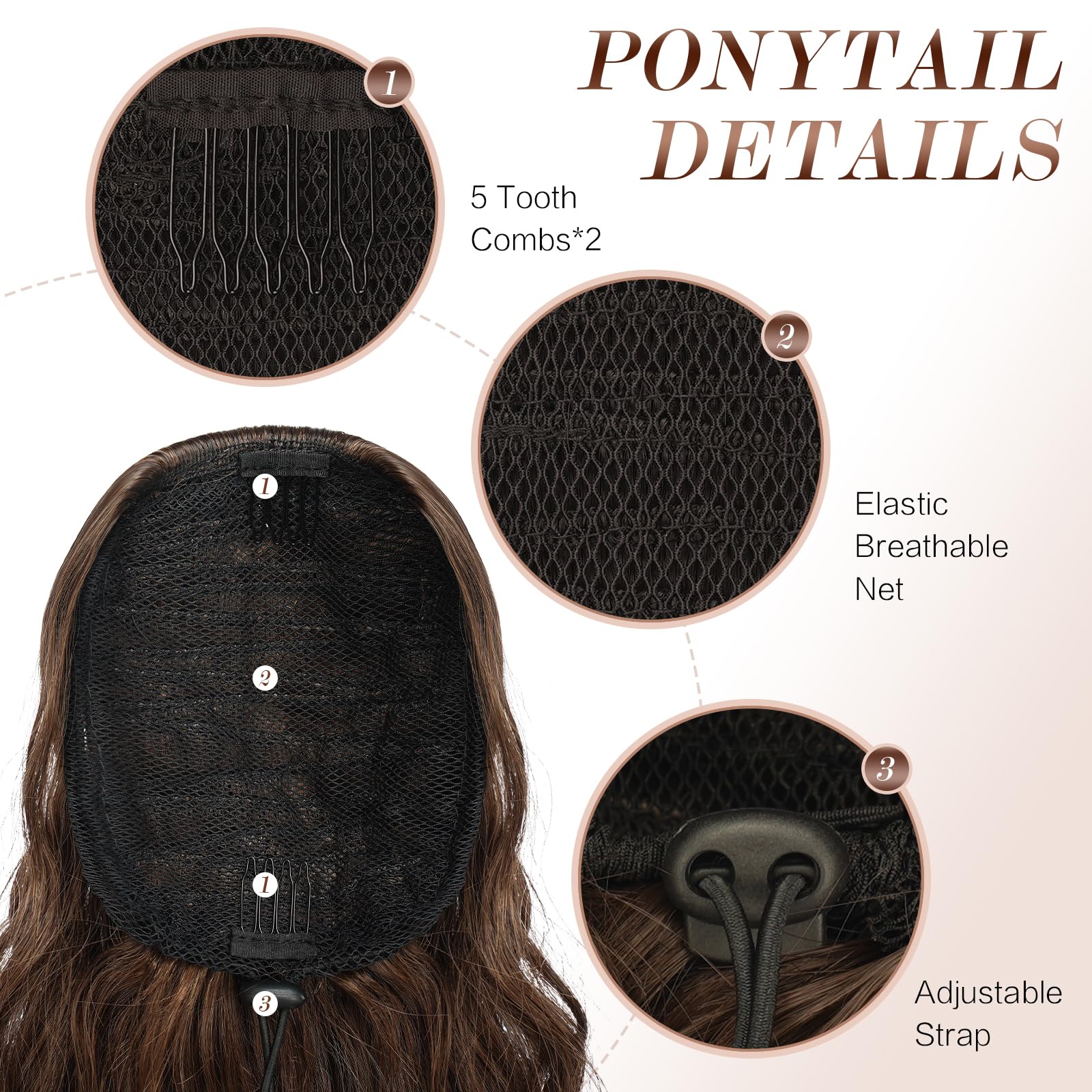 FESHFEN Ponytail Cheveux Naturel Cordon Ponytails Extension Longue Pointes Marron Bouclée Ondulée Postiche Queue de Cheval Extension Synthétique Rajout Cheveux pour Femmes 65 cm