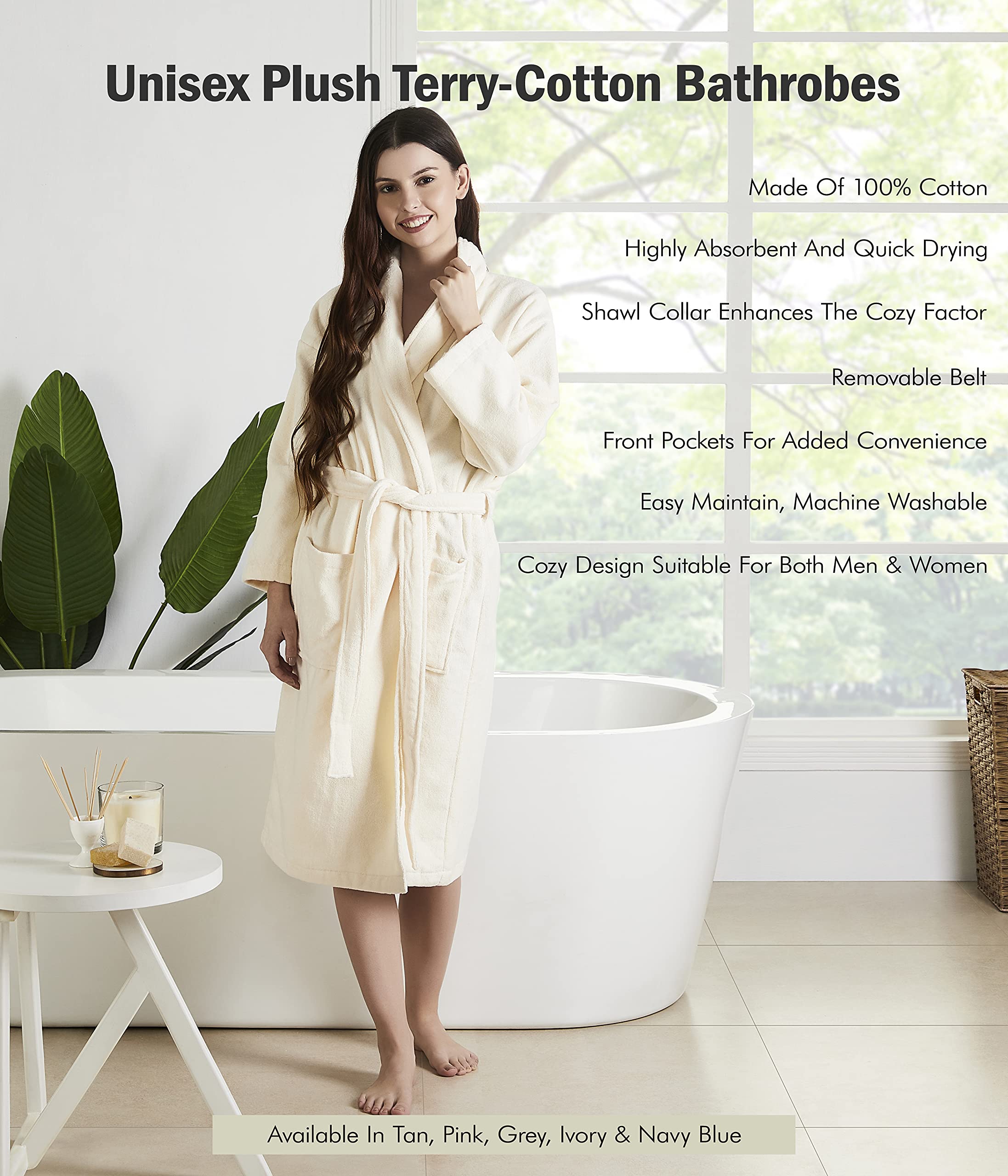 SENSES By Riba Plush Soft Terry Cotton Unisex Bathrobe/Bathing Gown with Shawl Collar for Women and Men. Lightweight, Highly Absorbent Luxurious(Ivory, XLarge) 3