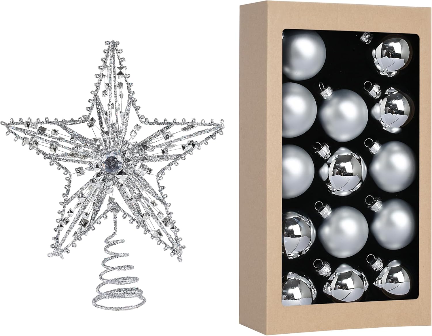 Sliver Christmas Tree Topper 10IN with 14PCS Christmas Glass Ball Hanging Set Festival Home Party Decors Xmas Tree Ornaments