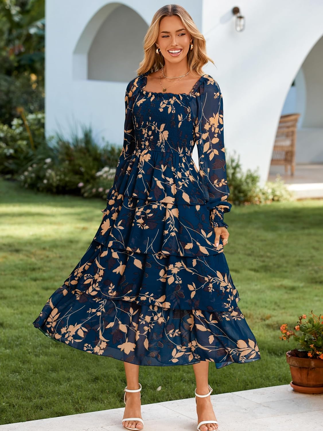 Simplee Womens Long Sleeve Floral Wedding Guest Dress Flowy Tiered Smocked Square Neck Fall Boho Maxi Dresses - Image 5