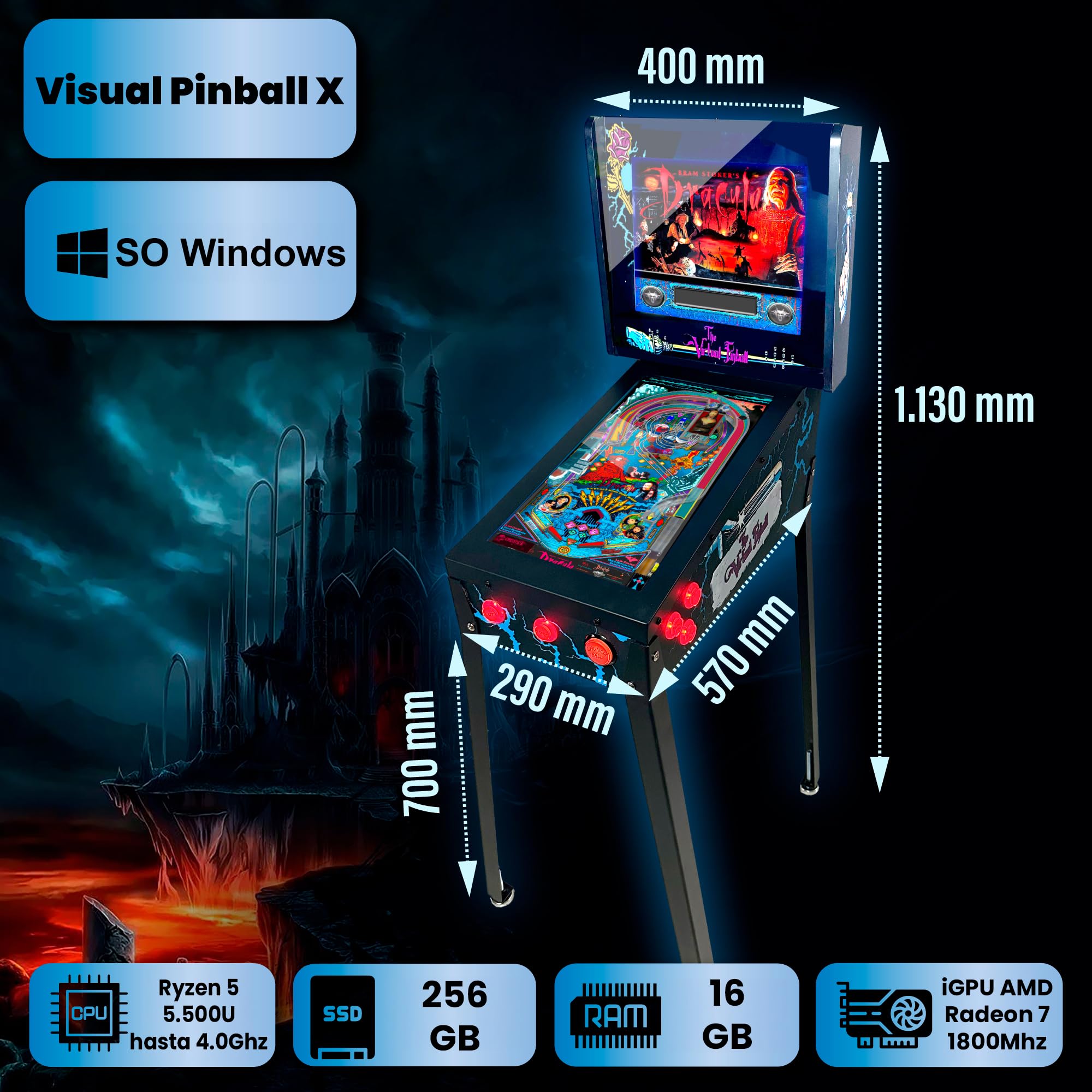 Pinball Virtual, Playfield 18.5", Backglass 15", PC AMD Ryzen 5 con 16GB RAM 256GB SSD, Más de 500 Tablas de Visual Pinball y más de 900 Juegos de mame Vertical, Sensor KL25Z (VERSIÓN Mejorada)