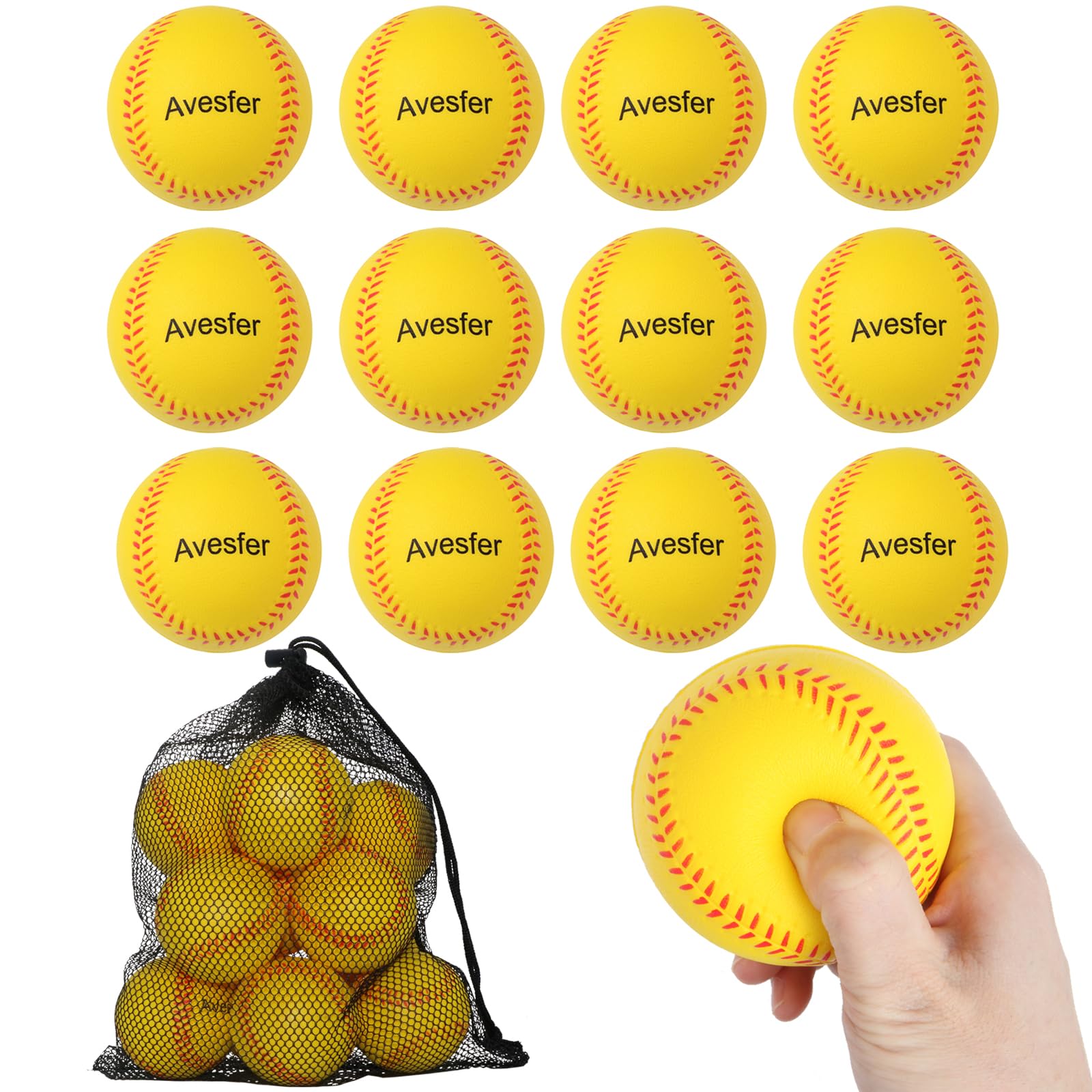 Avesfer Foam Baseballs 12 Pack Soft Practice Baseballs 9 inch Foam Balls with Mesh Bag for Kids Youth Teenager Safe for Catching,Throwing and Batting Practice