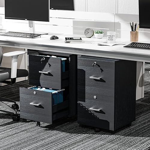 Miniatura 7 de VINGLI Archivador pequeño con 2 cajones con cerradura archivador de madera para colgar archivos de tamaño carta con pestañas archivador móvil debajo